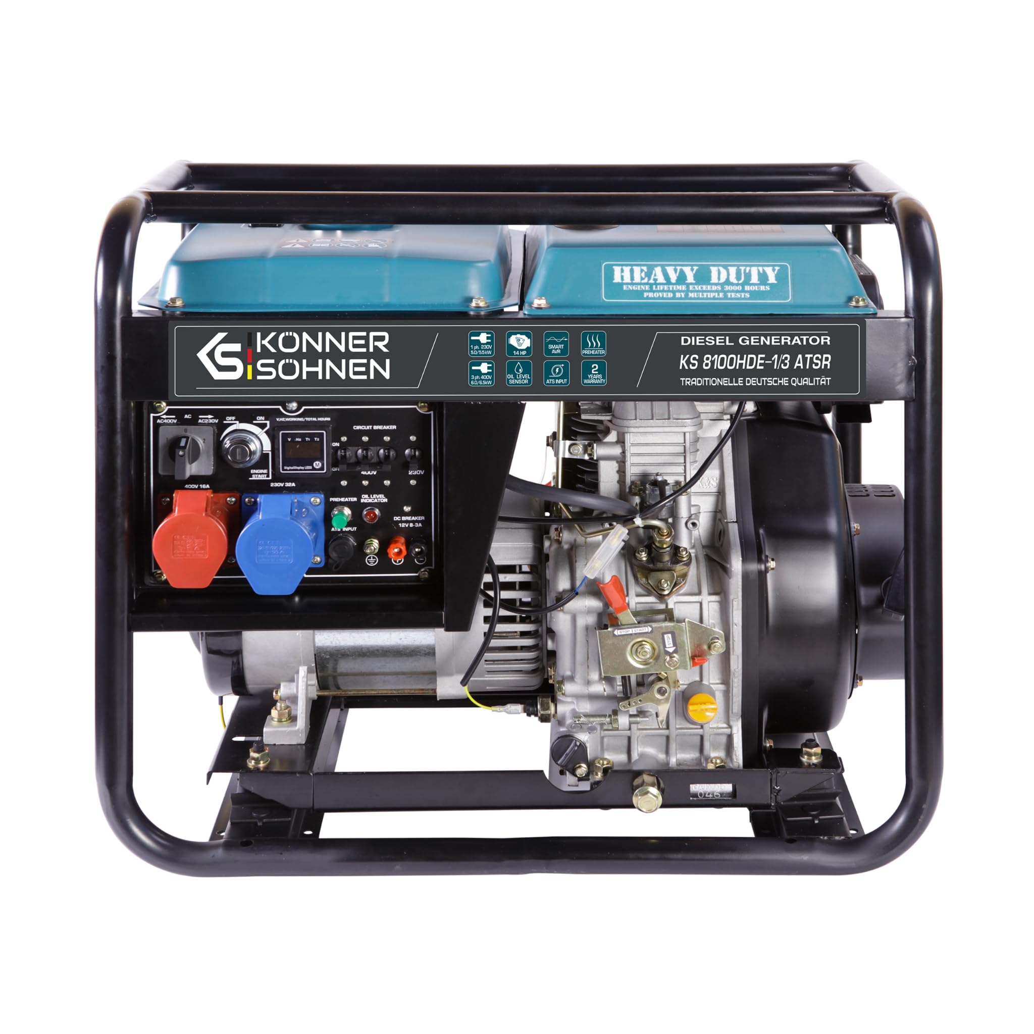 Agregat prądotwórczy Generator Diesla KS 8100HDE-1/3 ATSR (Euro V) z wbudowanym układem przełączania faz (VTS), maksymalna moc 6500 W, 1x16A (400V), maksymalna moc 5500 W 1x32A (230V), autorski silnik EURO-V, wyświetlacz (częstotliwość, napięcie, licznik