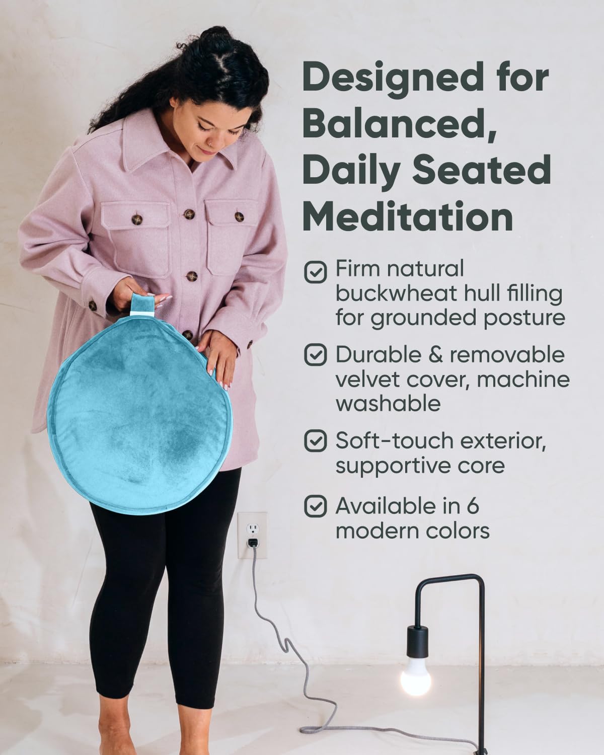 Mindful and Modern - Cojín de meditación de terciopelo – Almohada de suelo Zafu de lujo para yoga – Almohada grande de meditación de trigo sarraceno con funda extraíble de lujo en seis colores