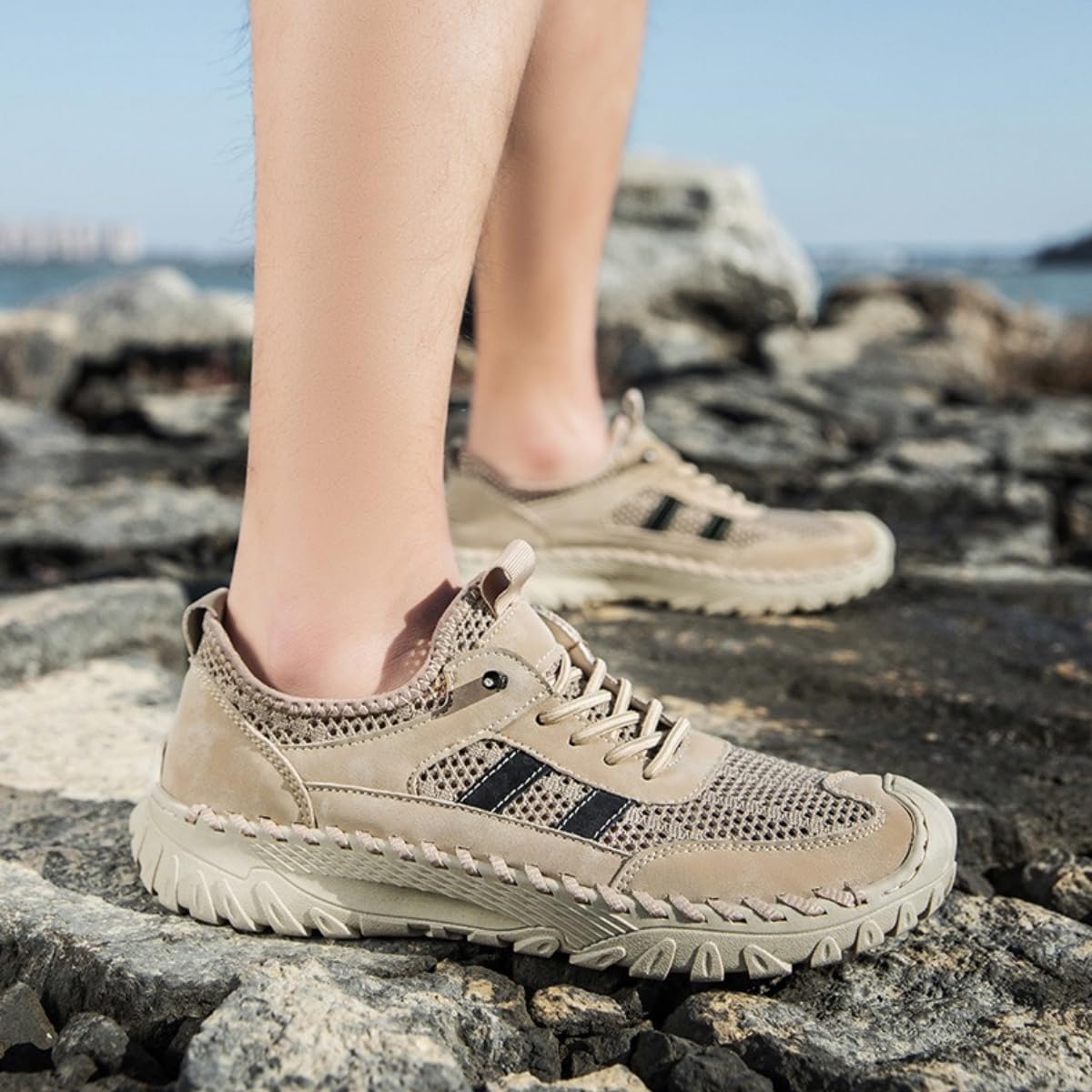 Chaussures orthopédiques pour homme, à enfiler - Chaussures de randonnée orthopédiques en cuir - Baskets en maille respirante pour la marche - Sandales d'extérieur décontractées
