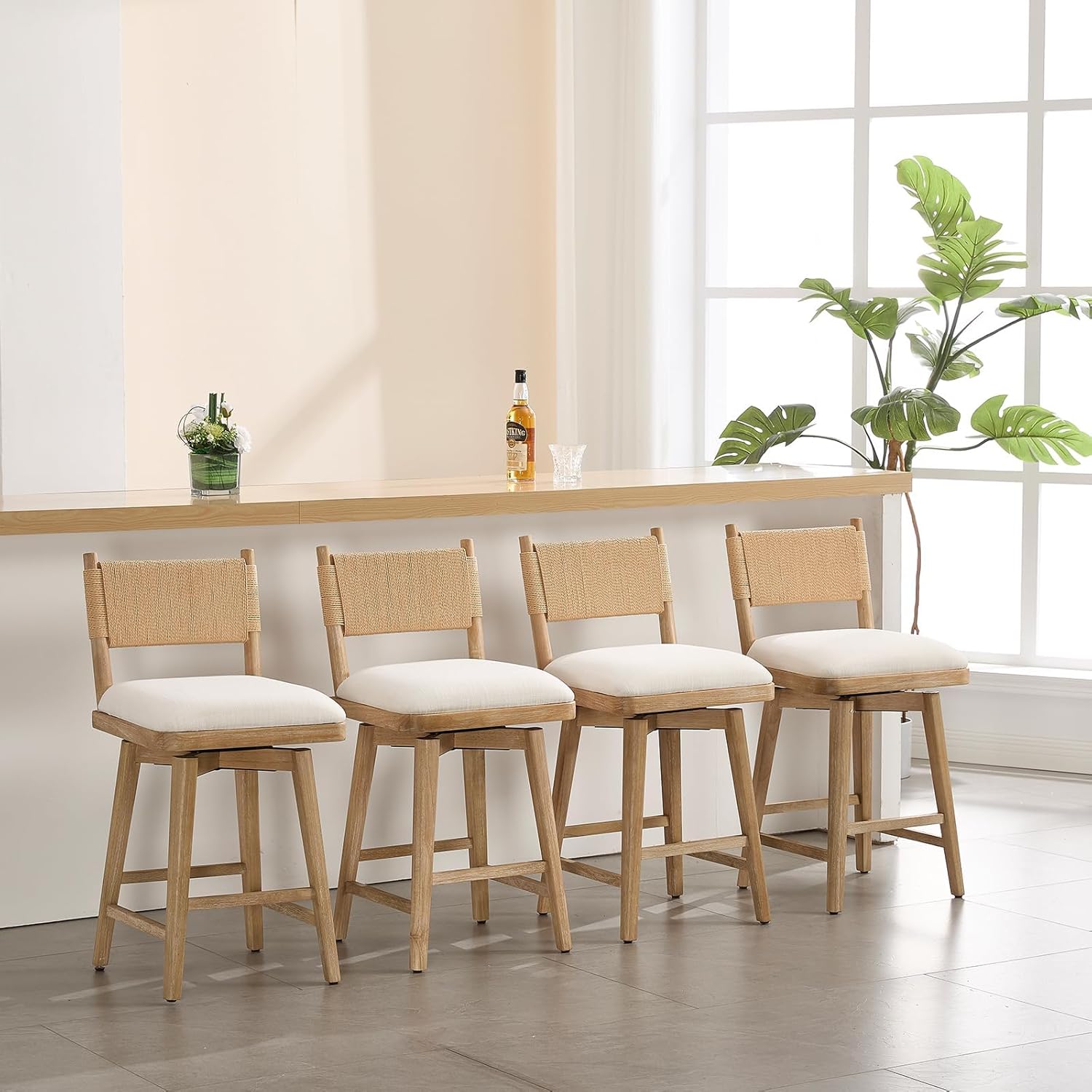 Kmax Kitchen Island bar stools Set of 2, Swivel Counter Height bar stools, Farmhouse Wooden upholstered bar Chairs 26 inch Kitchen stools with Woven Back- Fabric, Natural Back