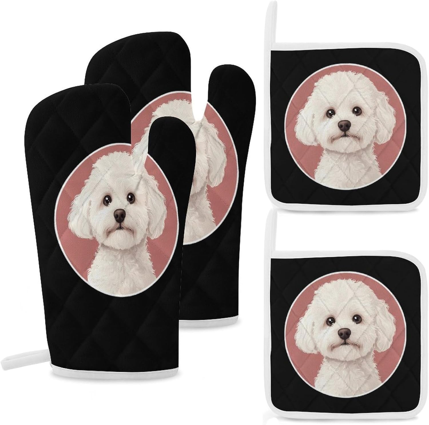 White Bichon Frise Oven Mitts and Pot Holders 4Pcs Set Heat Resistant Cooking Mitts Hot Pads