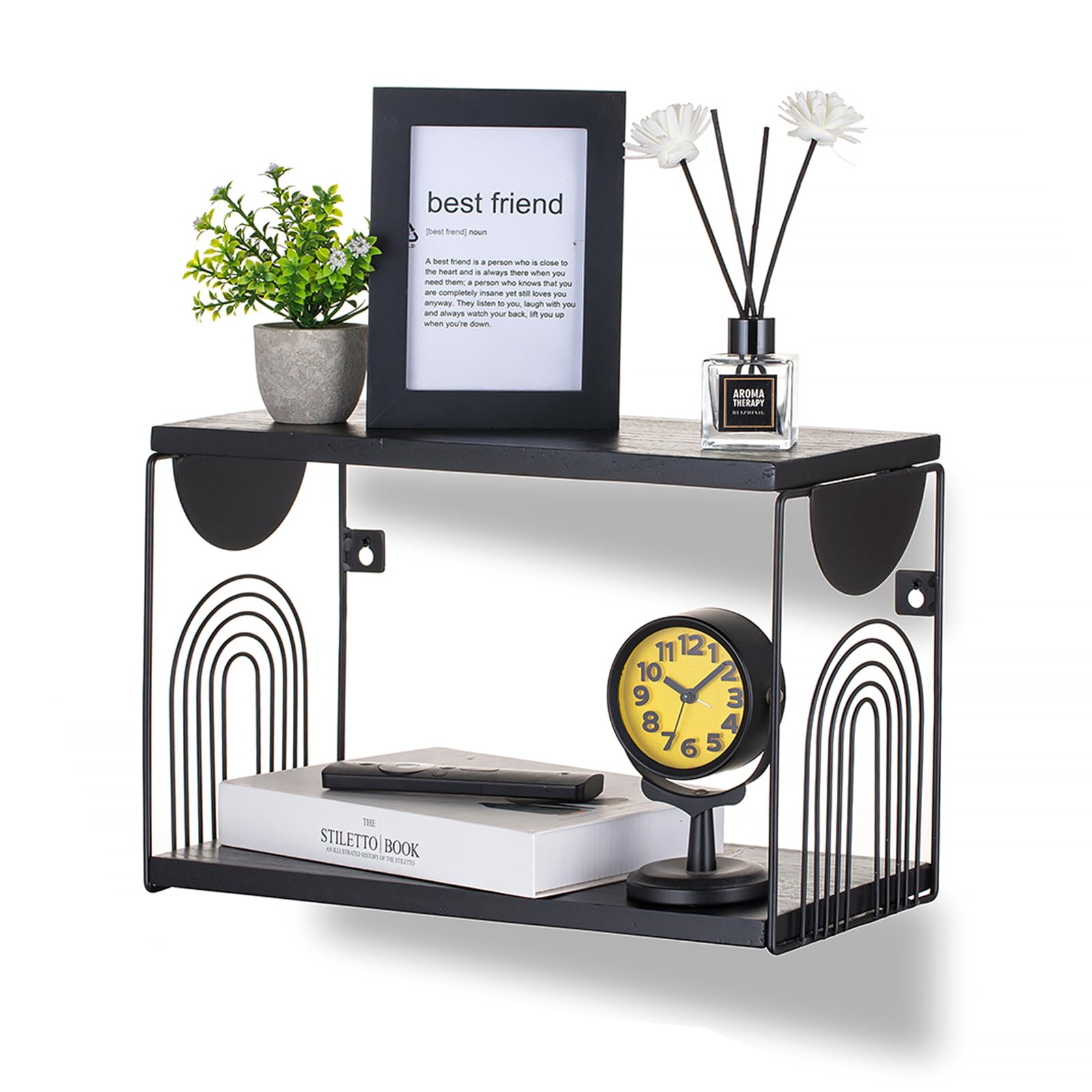 Walasis Bedside Bedroom Shelf for Wall - Black Floating Side Table Boho Nightstand Decor 2 Tier Small Wooden Hanging Shelves for Bed