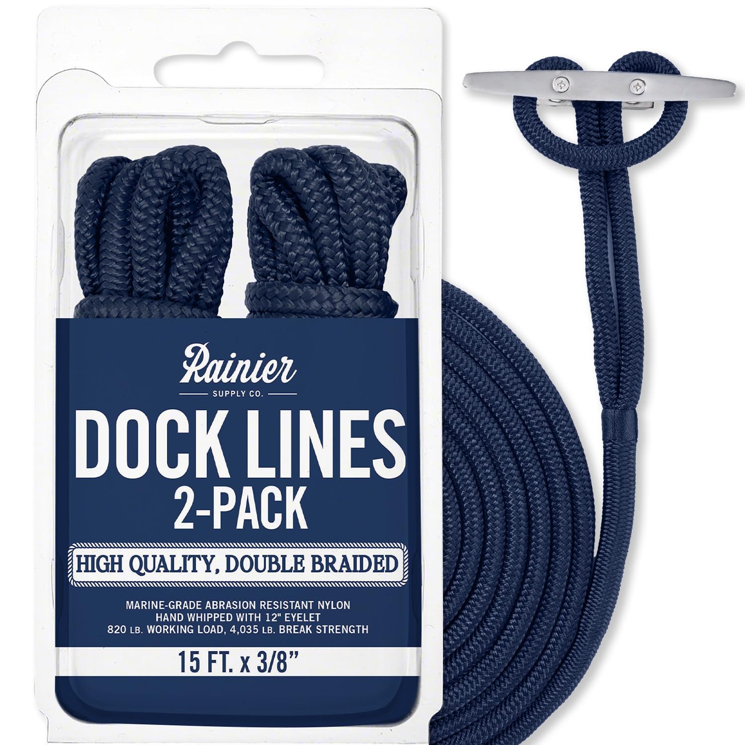 RainierSupplyCo Dock Lines 1, 2 & 4 Pack - Boat Rope for Docking with Loop - Premium Double Braided Nylon Marine Rope - Mooring Line with Eyelet - Boat Accessories