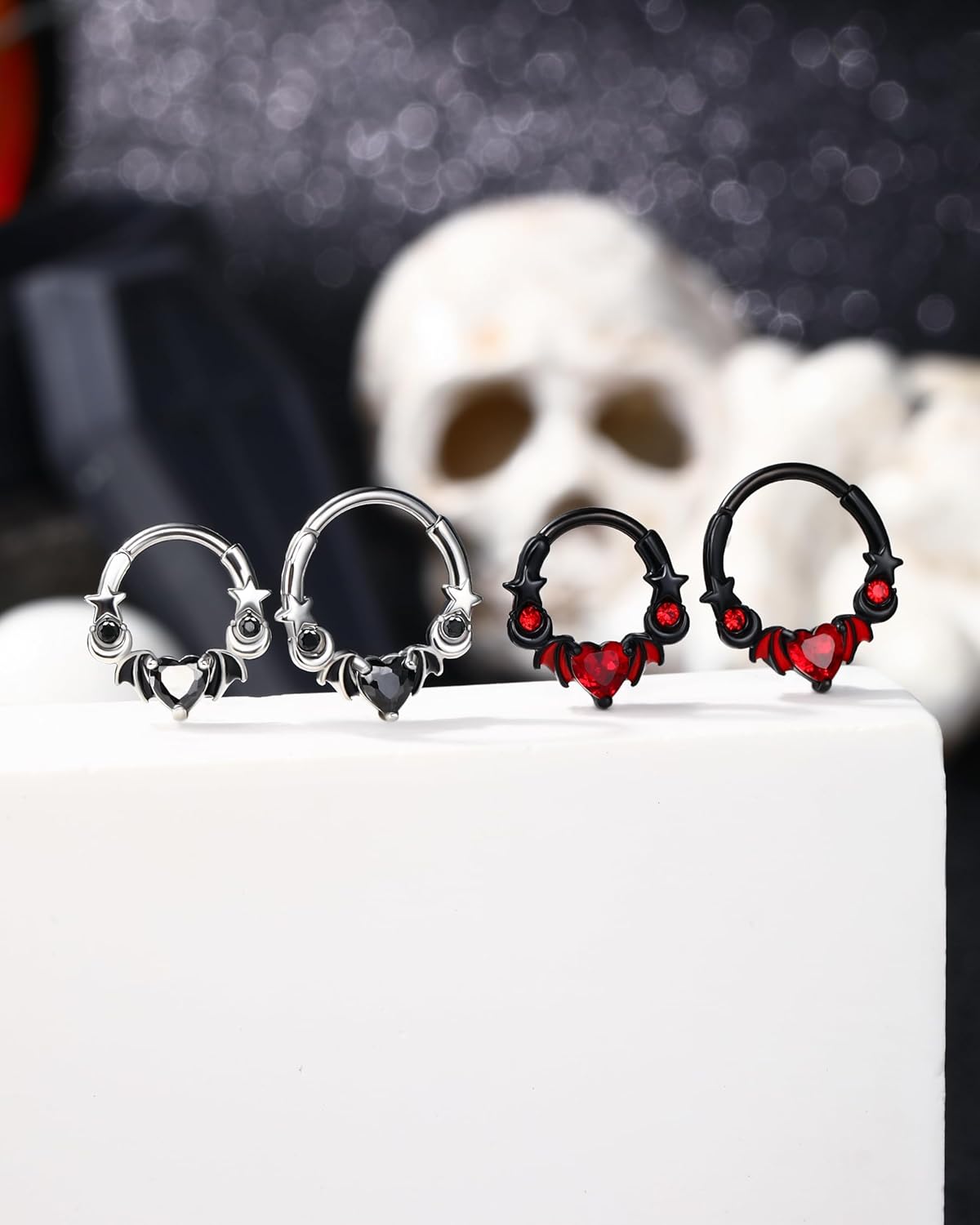Jewseen 16g Halloween Septum Rings 316L Surgical Steel Septum Jewelry Heart Black Daith Helix Tragus Piercing Jewelry Cartilage Hoop Earrings for Women Men - Image 3