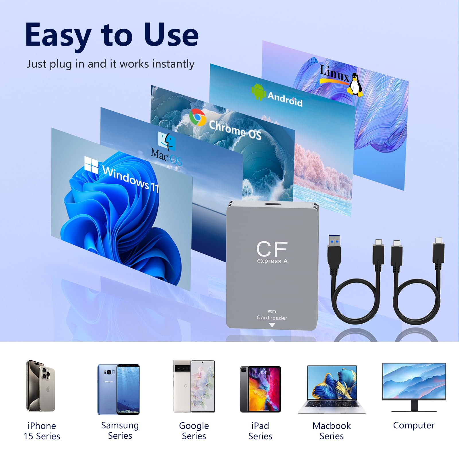 Lecteur de Carte CFexpress Type B & SD 2 en 1, Lecteur de Carte Mémoire CF Express Type B de USB 3.1 (Gen 2) 10Gpbs Aluminium CFexpress Type B & SD Carte Adaptateur pour Windows/Mac/Linux/Android
