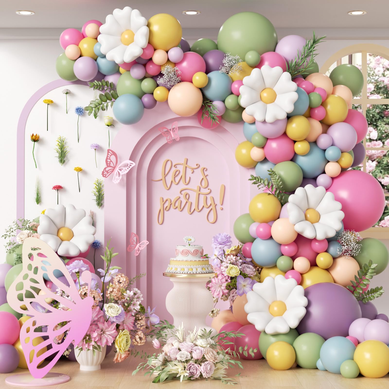 Photo 1 of 136pcs Flower Balloon Arch Kit with Sage Green Hot Pink Dusty Pastel Purple Flower Balloons for Wildflower Baby in Bloom Baby Shower Birthday Party Decorations