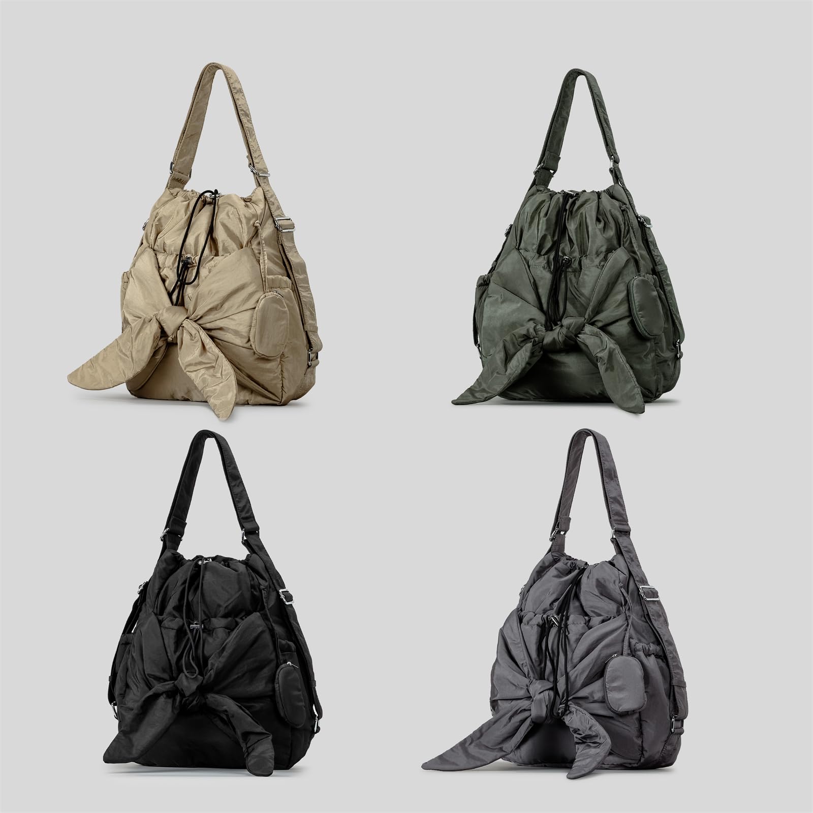 Borsa A Tracolla In Nylon Da Donna Casual A Secchiello Con Coulisse Tasche Multiple E Tracolla Regolabile. Coulisse Alla