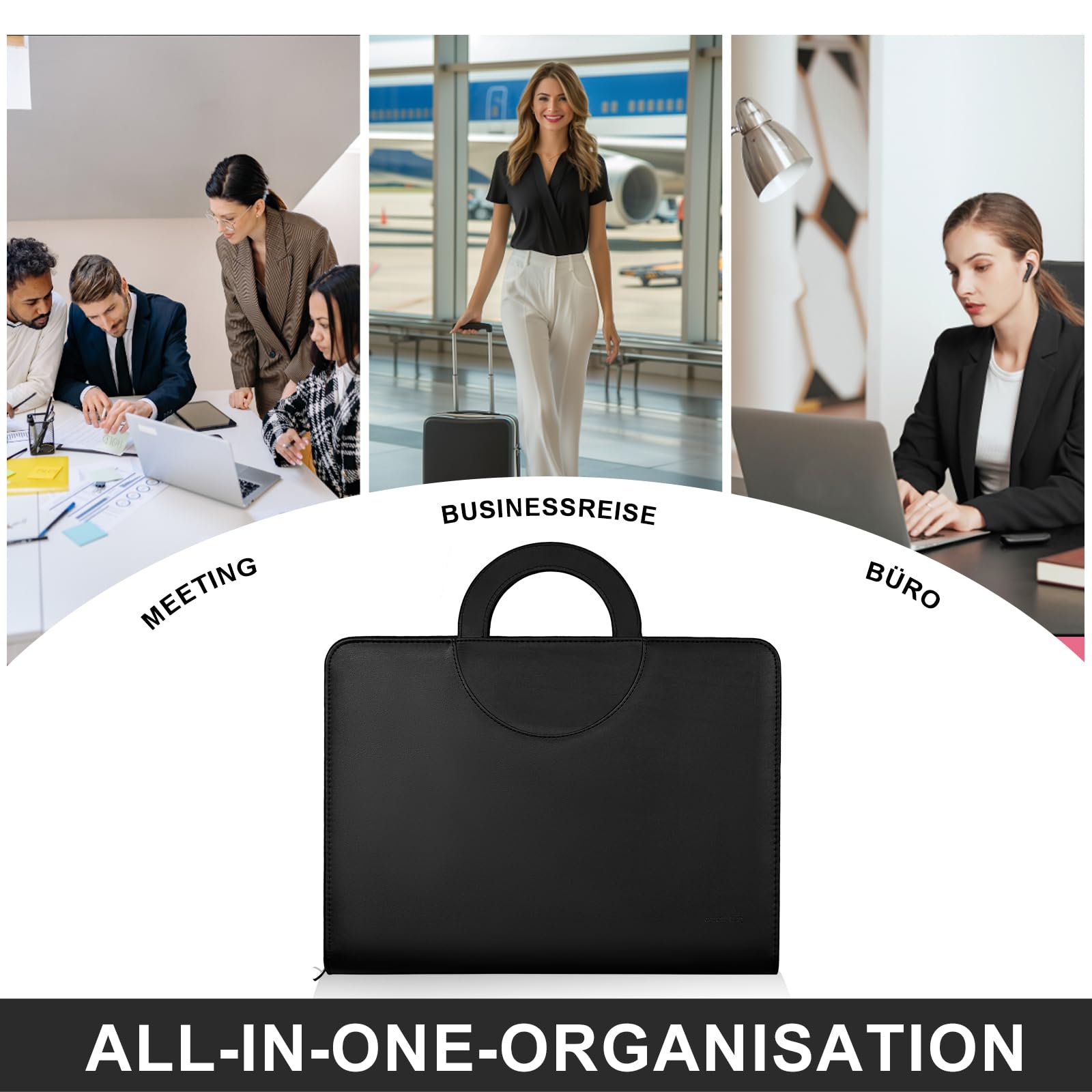 Leathario Schreibmappe A4 mit 5er Register DIN A4，Konferenzmappe mit 4 Ringbuch，Dokumentenmappe mit Reißverschluss，Griff，Klemmbrett,Ordner für Meeting, Business,Mappe für Schule, Uni Schwarz