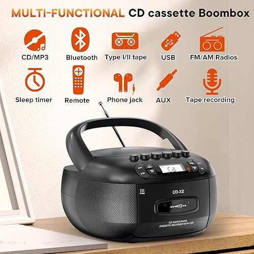 Miniatura 2 de Boombox de casete de CD con radio AM FM con Bluetooth y control remoto -