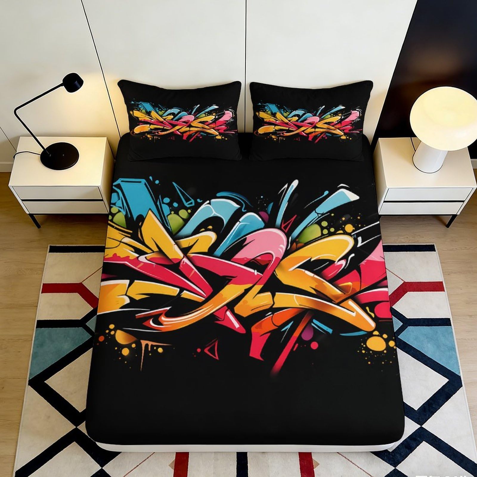 3D Printed Colorful Graffiti Fitted Sheet Microfiber Soft Durable Urban Art Bed Cover for Bedroom Dormitory Guest Room Mattress Protection Decor 160x200x25cm