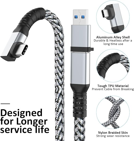 VZNEK Link Cable 16ft VR Cable for Meta Oculus Quest 2 Quest 3 Pro Pico Nylon Braided Accessories Gaming PC Steam VR USB 3.0 Data Transfer Type C Cable for VR Headset