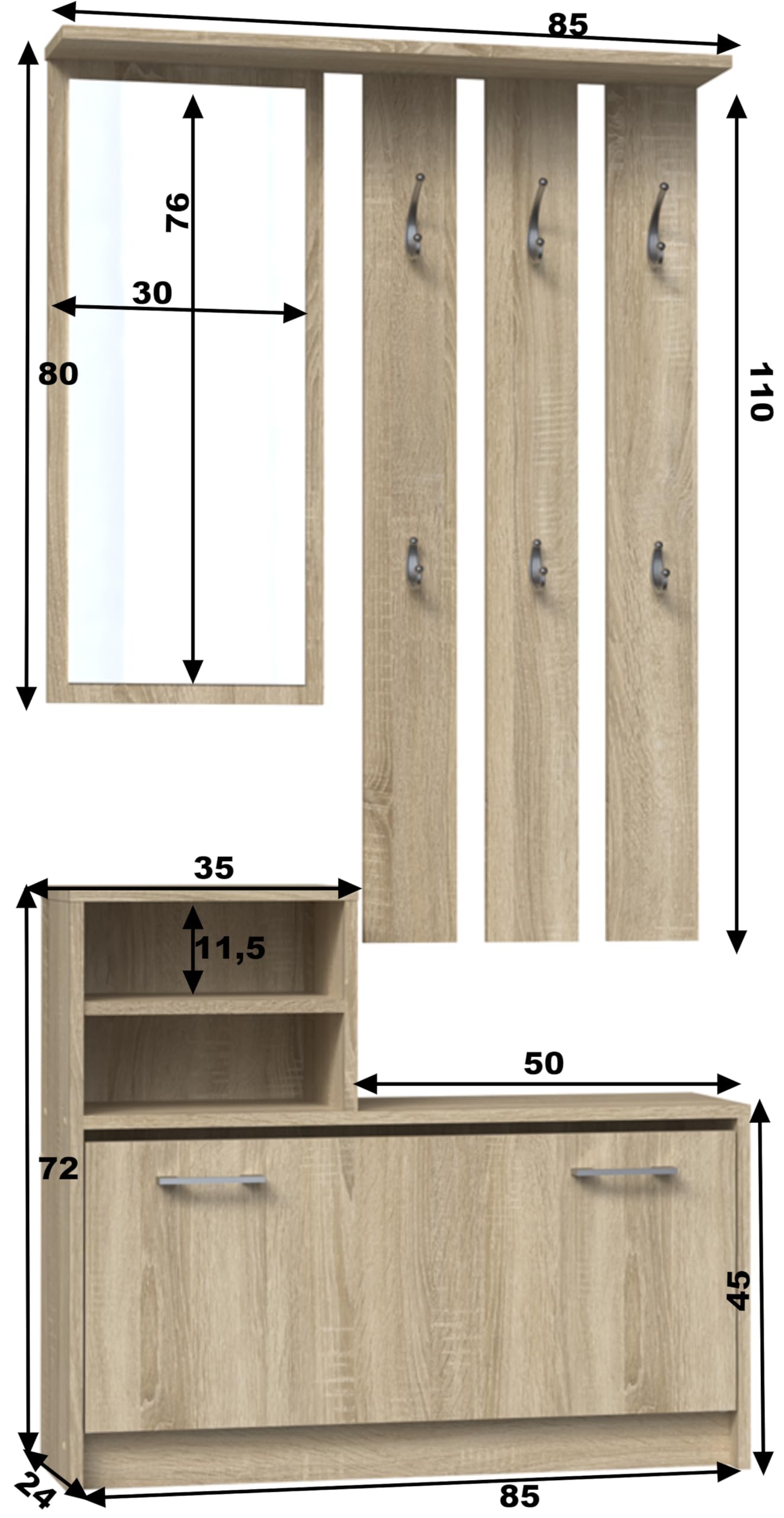 Oggi Armario de Entrada con Espejo 85x160x24 cm Perchas Zapatero Armario de Tablero Laminado de 16 mm Diseño Moderno Minimalista Moderno Roble Sonoma