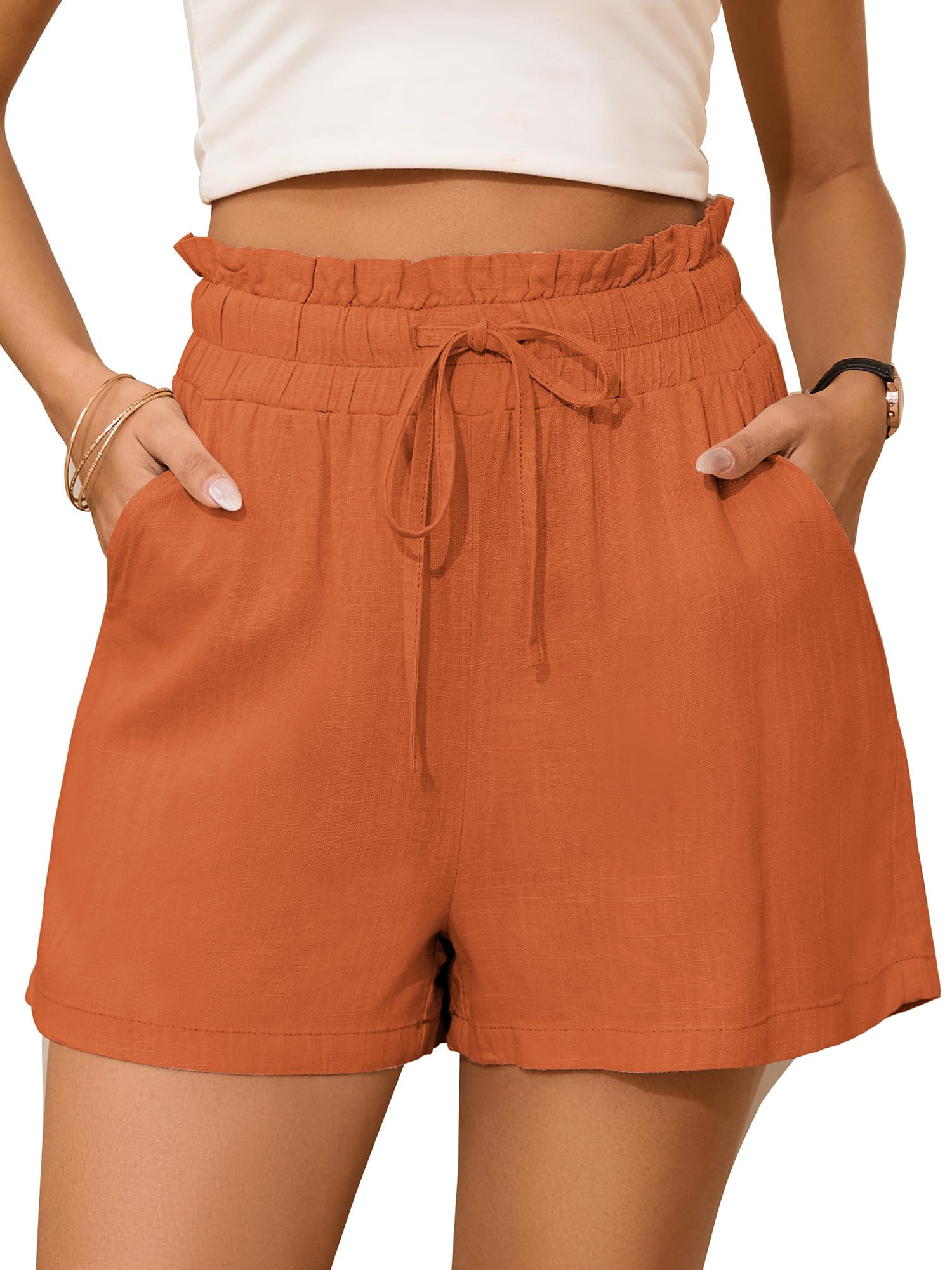 StylSense Kurze Hose Damen Sommer Leinen Musselin Bermuda Shorts Baumwolle High Waist mit Gummizug und Taschen