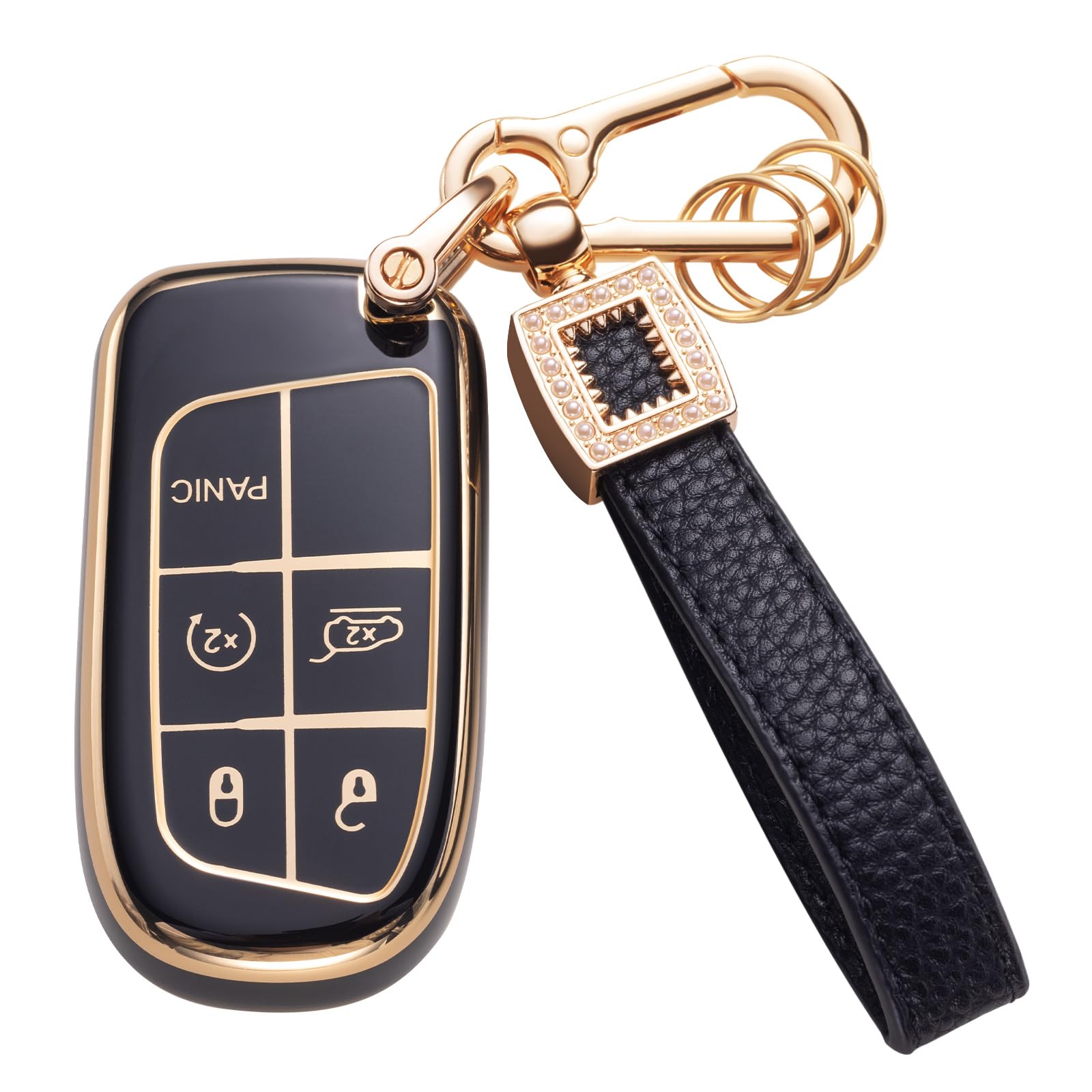 for Jeep Key Fob Cover with Leather Lanyard, Car Key Fob Case Compatible with Jeep Grand Cherokee Renegade Chrysler Dodge Charge Smart Key Protector Holder