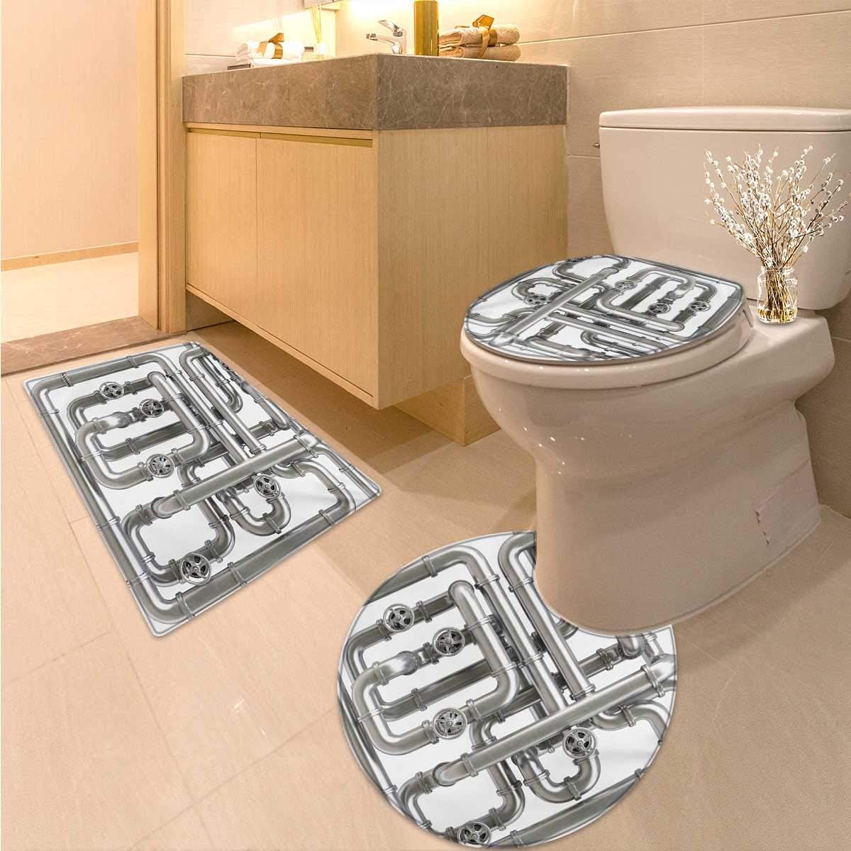Industrial Bath mat Set with Toilet Cover Maze of Pipelines Faucets and Valve