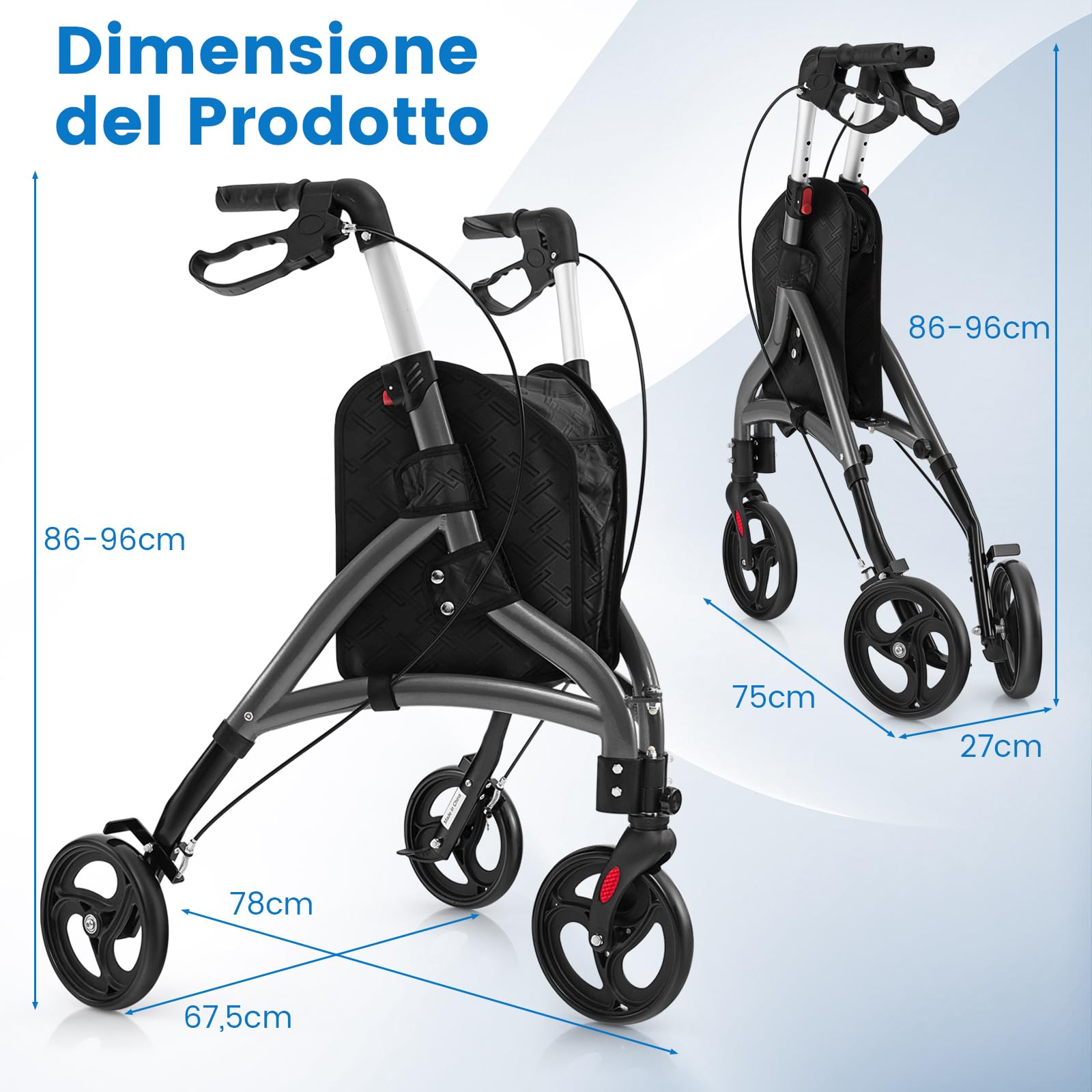 COSTWAY Deambulatore per Anziani in Alluminio Ultraleggero a 3 Ruote, Rollator per Anziani Pieghevole e Regolabile in 6 Livelli 86-96 cm con Borsa e Ruote Bloccabili, Portata 136 kg (Grigio)