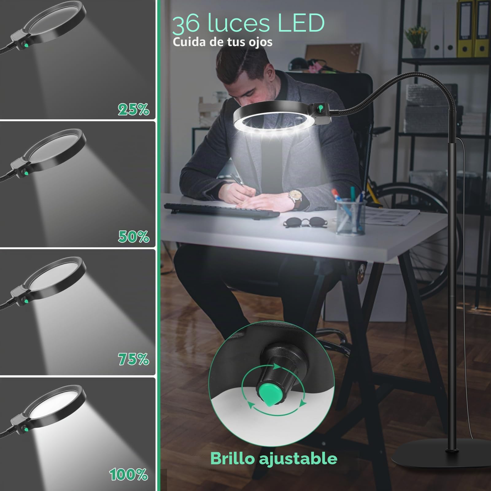 NZQXJXZ 2 en 1 Lupa con Luz y Soporte, Lámpara de Aumento 5X y 10X | con 36 LEDs de Brillo Ajustable, Lámpara de Aumento de Cuello de Cisne Flexible para Trabajos de Cerca, Manualidades, Lectura