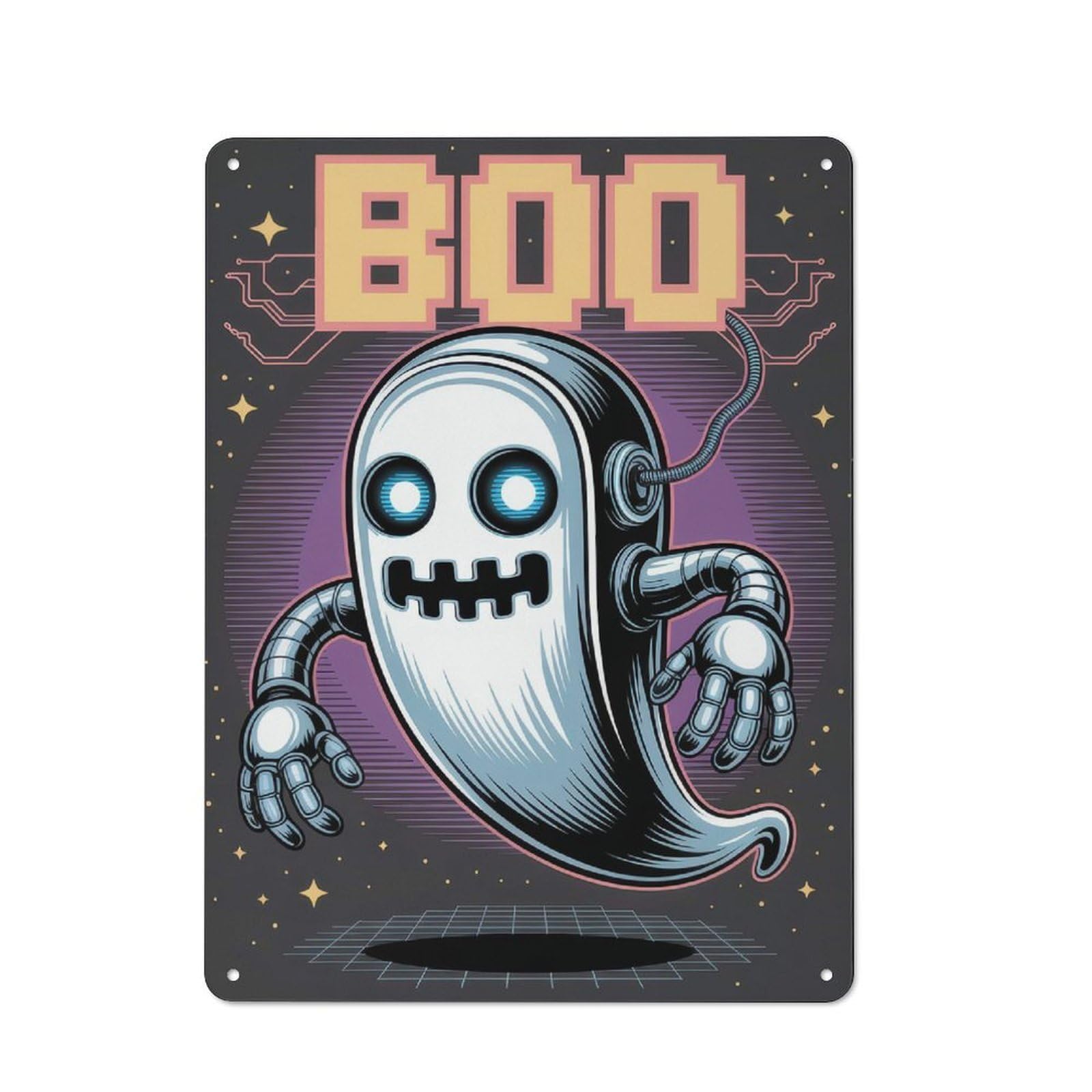 Junmoney Robotic Ghost With Pixelated Boo Retro Metal Plaque 40X30cm Featuring Bistro Wall Plaque For Bakery, Diner, Cafe Or Family Room