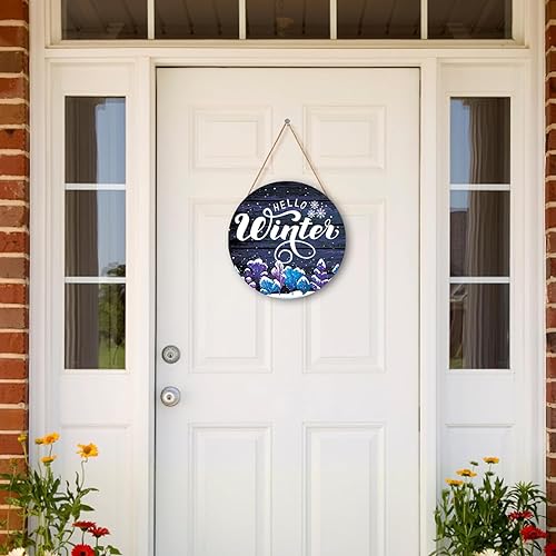 Miniatura 5 de Letrero redondo de madera con texto en inglés Hello Winter de 11.8 pies, decoración rústica de pared y puerta, decoración de invierno para el hogar