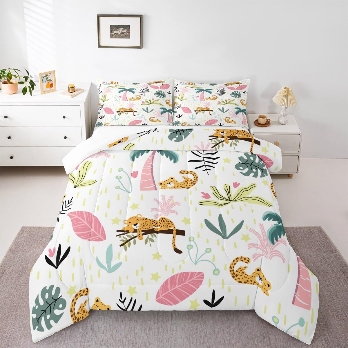 Feelyou Leopard Comforter Set Toddler Size Kids Toddler, Cute Leopard Comforter Set Toddler Size Cartoon Cheetah Print Comforter Tropical Plants Duvet Set Durable Quilt Set