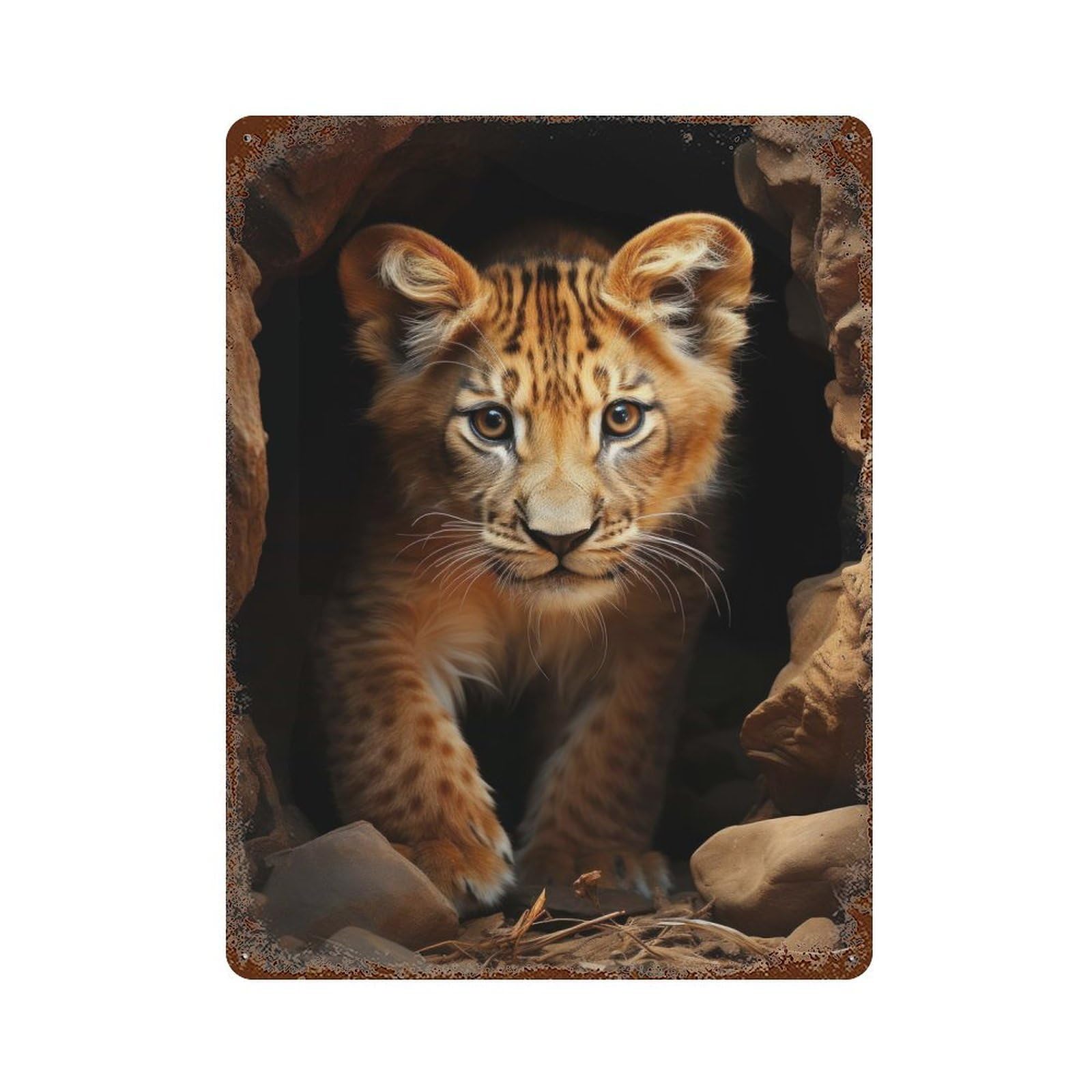Lion Animal King Vintage Wall Sign 15.7"x11.8", Rust Effect Metal Decor for Office, Studio And Wall Decor