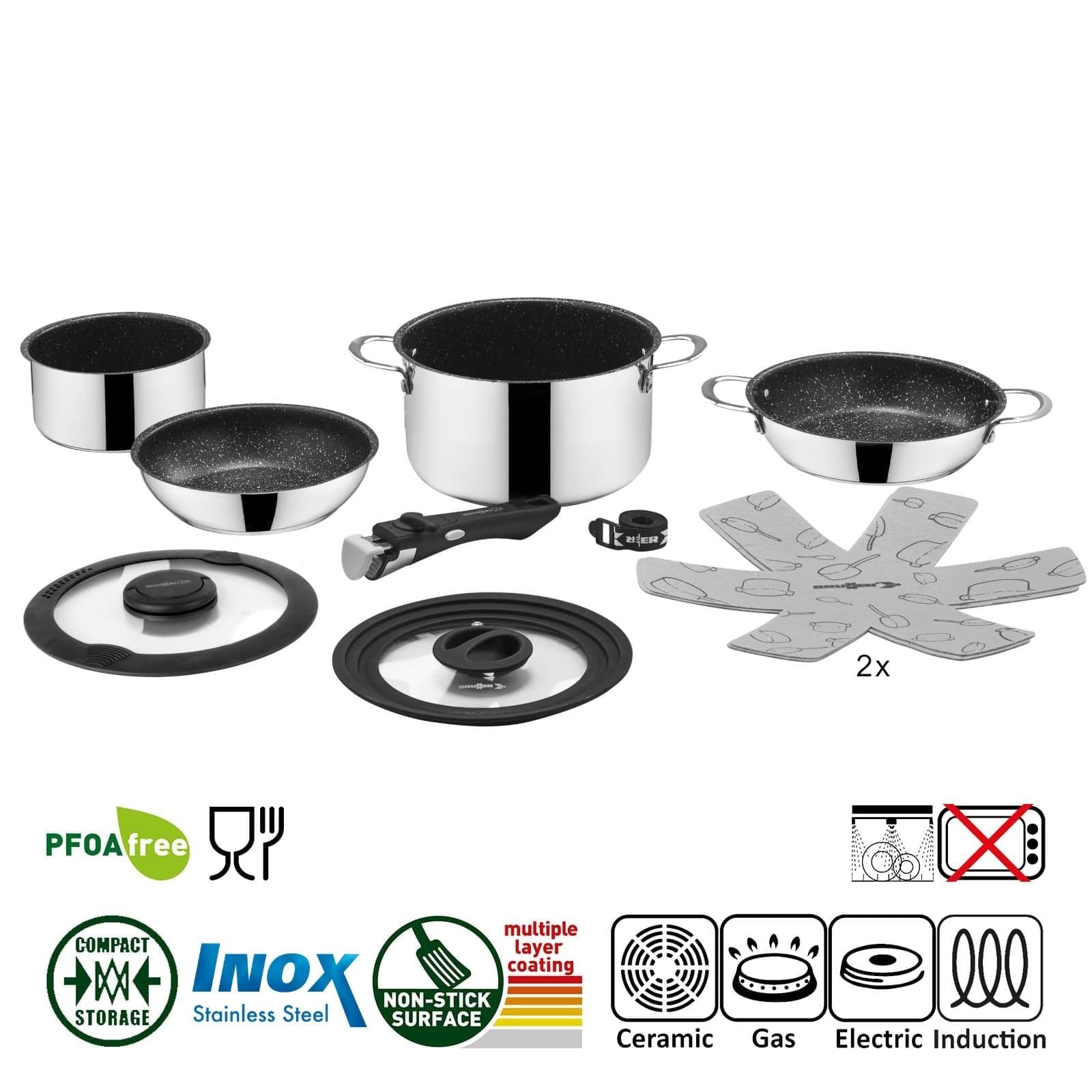 BRUNNER: Camping Topf-Set Edelstahl (Kochtöpfe, Bratpfanne & Griff) ø 22 cm - ACADEMY NG 7+1 Teilig - Elektro-Herd, Gaskocher, Induktion & Keramikkochfeld - Für 2-4 Personen