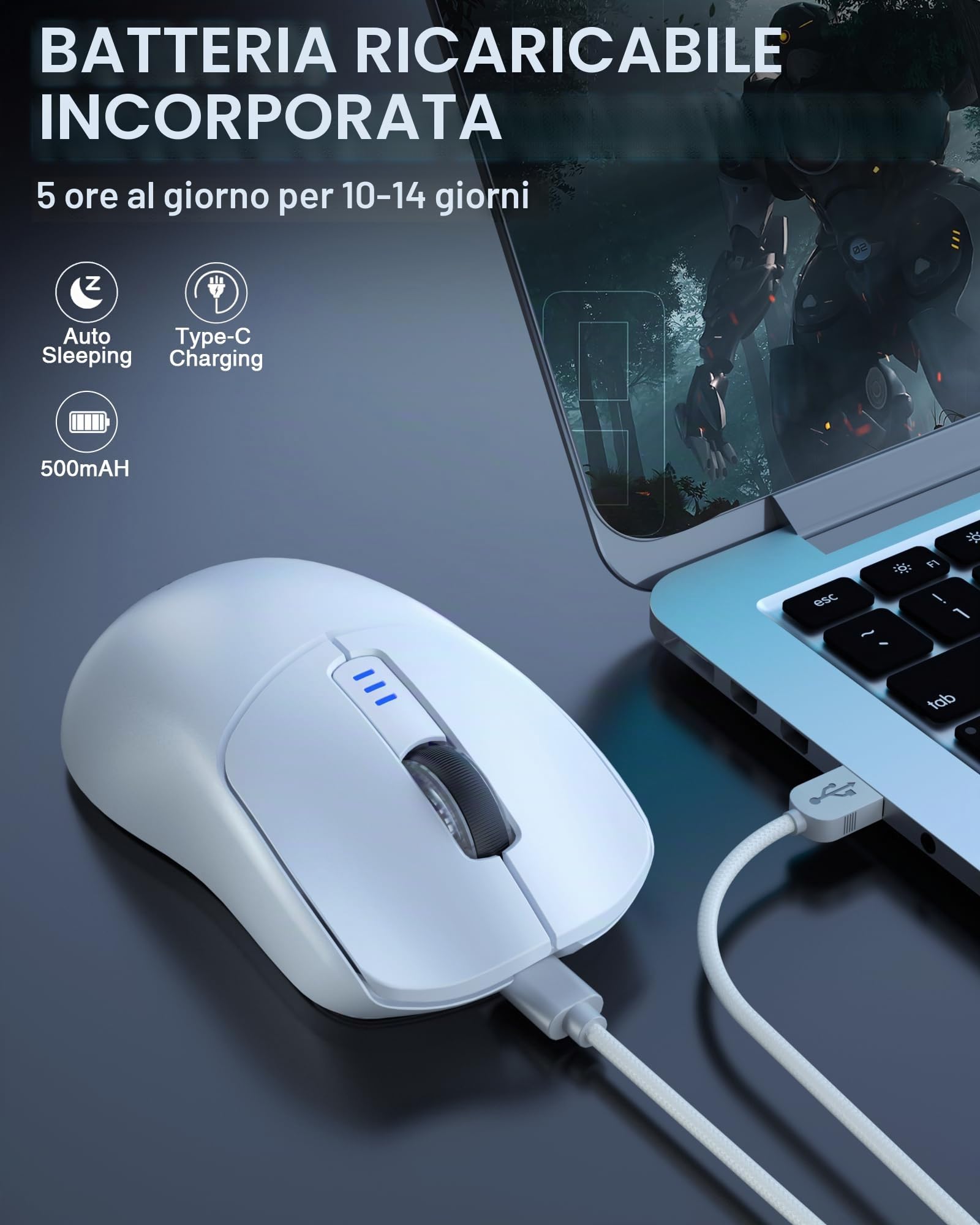 AULA SC580 - Mouse wireless da gioco, Tri-Mode 2,4 Ghz/USB-C/BT5.0, fino a 10000 DPI, 6 pulsanti programmabili, mouse da gioco leggero, ricaricabile per laptop, PC, Mac, tablet