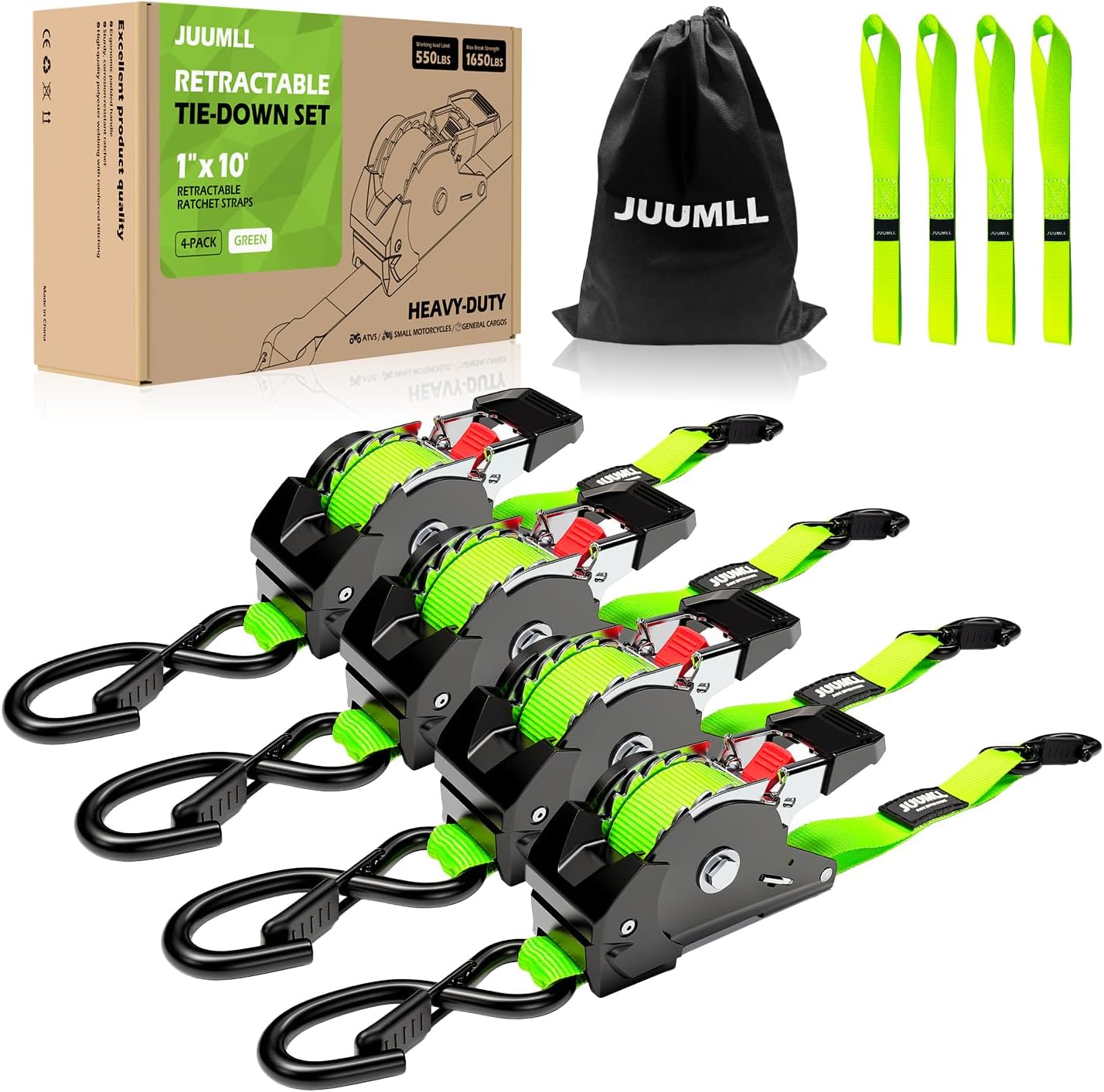 Retractable Ratchet Straps (4-Pack), 1” x 10ft Auto Retracting Tie Down Straps with 1,650lb Break Strength for Motorcycle, Kayak, ATV, Truck Bed & Outdoor Transport Green