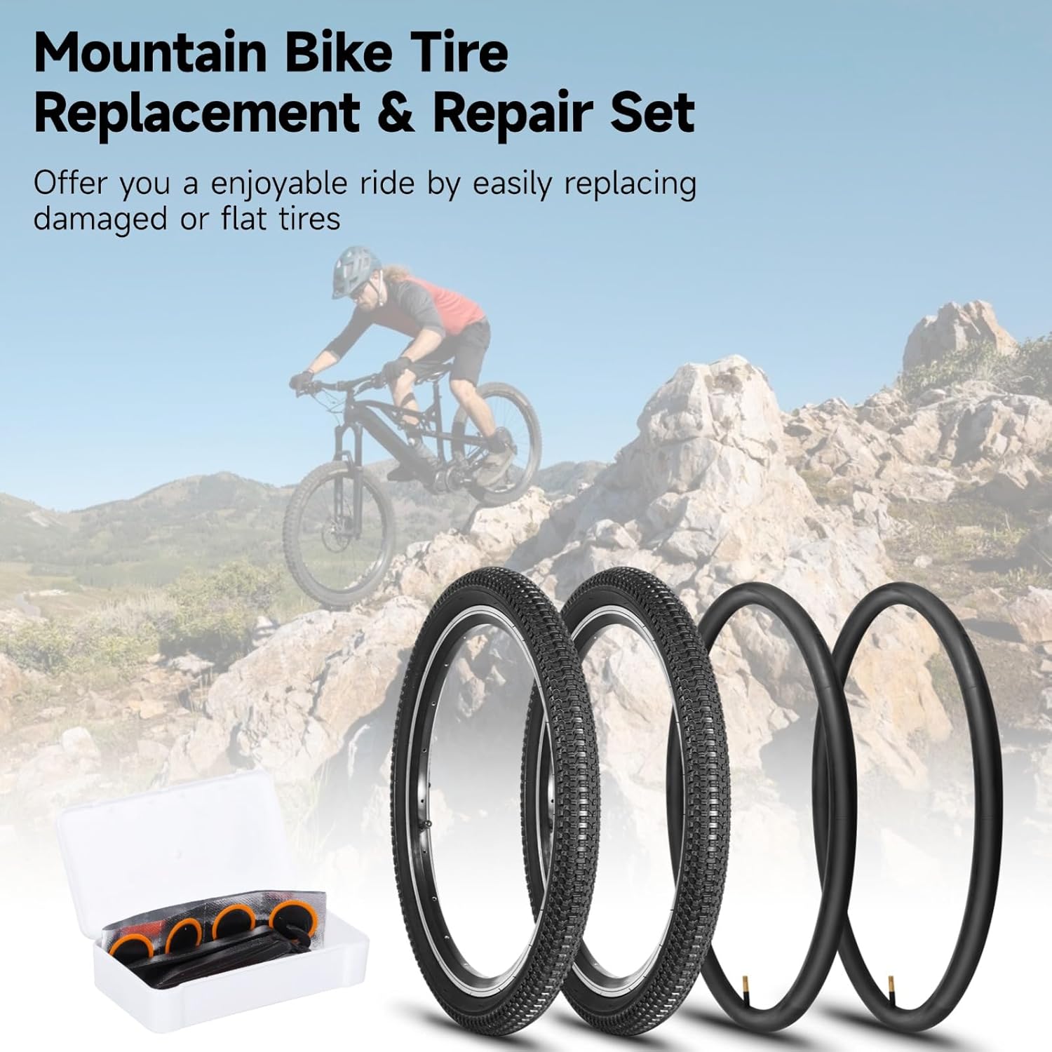 20 inch Bike Tire,2 Pack 20x2.125 Bike Tires and 20x1.75/2.125 Bike Tubes with Bike Tire Levers, 20x2.125 Bicycle Tire Portable MTB Tires Rubber Tire for Mountain Path Muddy Trail