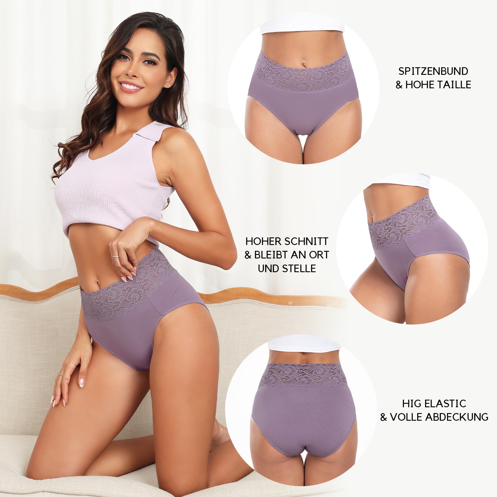Wealurre Bragas Mujer Algodon Cintura Alta Encaje Pack de 5