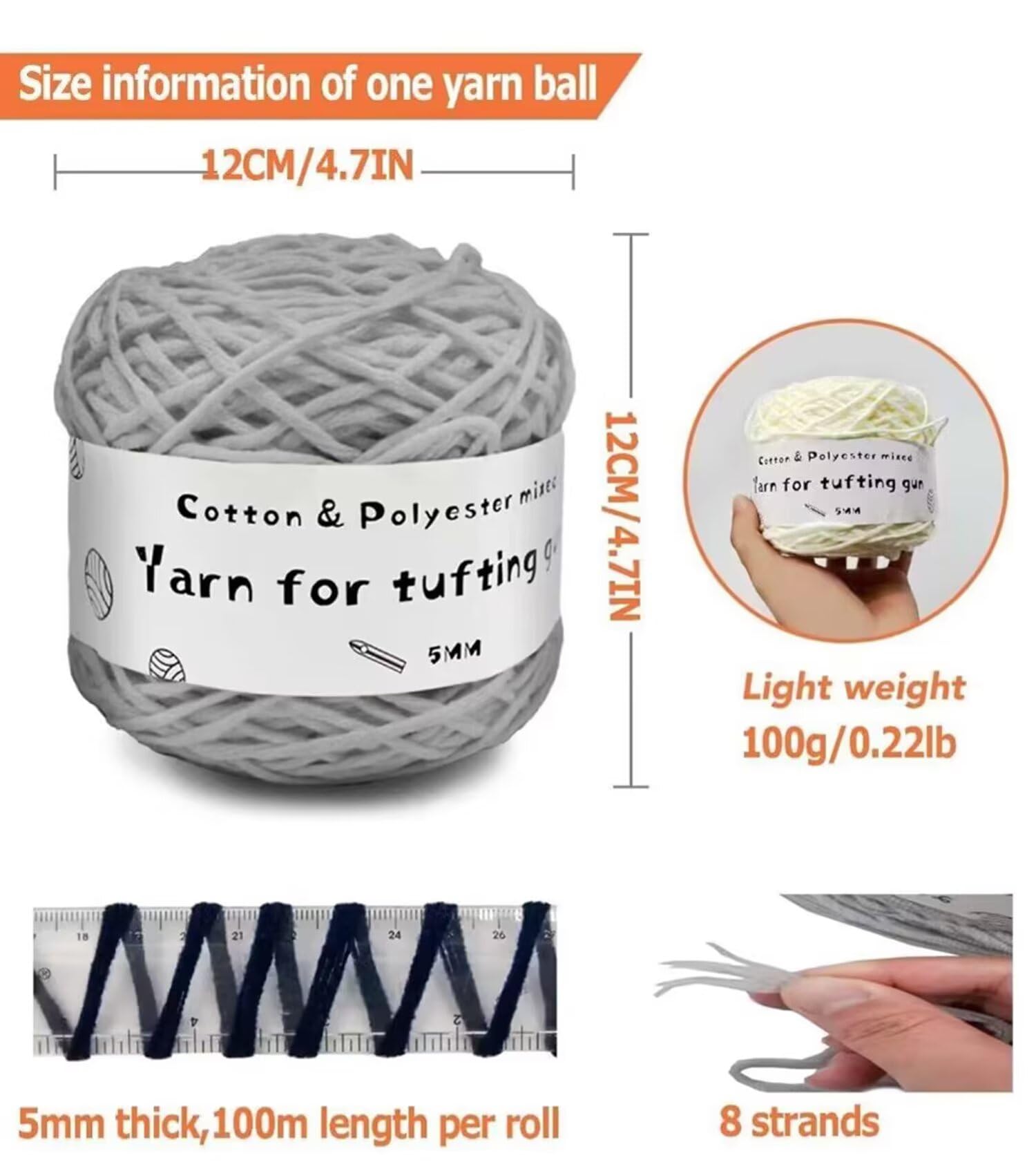 Miękka bawełniana włóczka do tuftingu, 6 x 100 g, okrągła przędza 5 mm do robienia na drutach i szalików, 8-warstwowa mieszanka fantasy do tworzenia dywanów i projektów rzemieślniczych