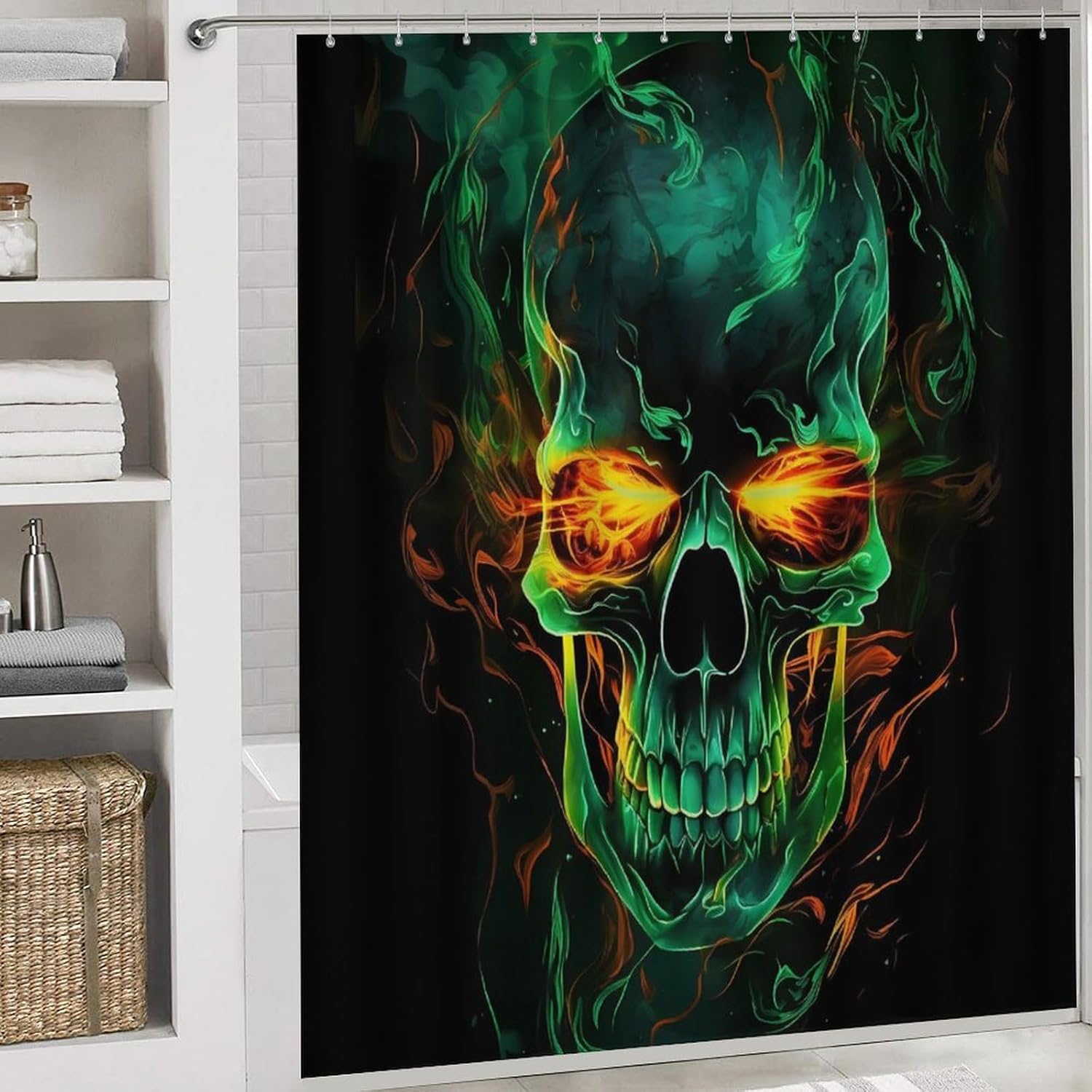 4 Pcs Bathroom Shower Curtain Set,Bathroom Sets with Rugs (Bath Mat,U Shape and Toilet Lid Cover Mat), Flame Skull Bathroom Decor Set