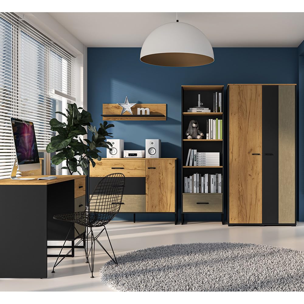Lomadox Jugendzimmer Set 5-teilig mit Schreibtisch, Kleiderschrank, Regal, Sideboard, Wandboard in Eiche schwarz Sandfarben modern