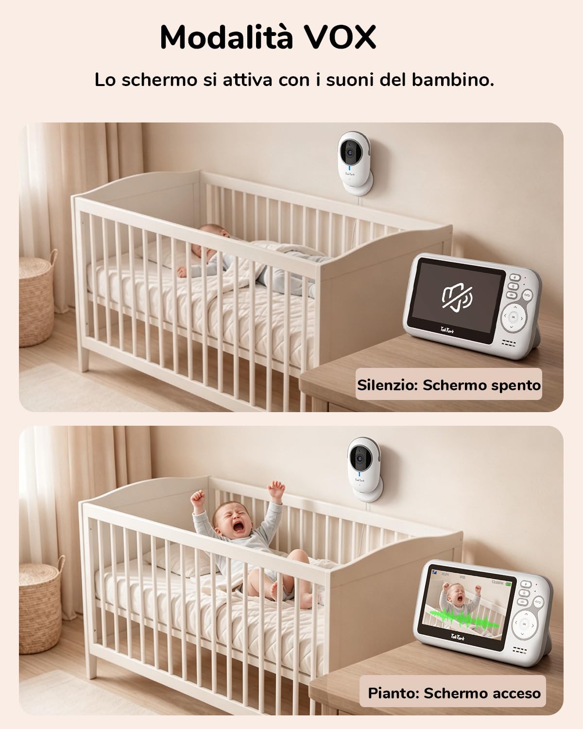 TakTark Baby Monitor Video e Audio, 4.3'' Telecamera Bambini con Monitor Video Baby Monitor Videocamera VOX, Visione notturna, Comunicazione Bidirezionale Sensore di temperatura