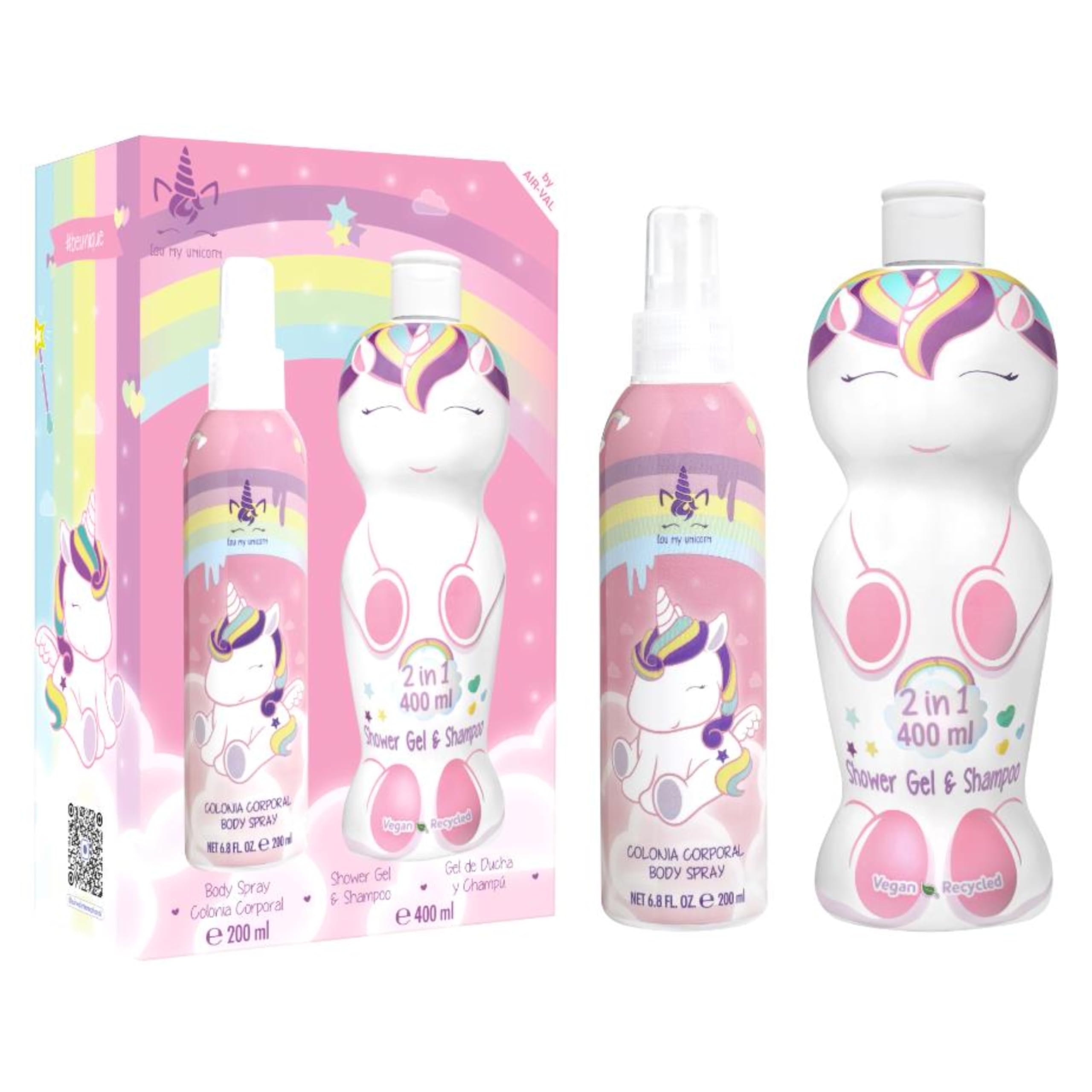 Set regalo Eau my Unicorn Scent, include Body Spray Natural Eau de Cologne (200 ml) e Gel doccia e Shampoo 2 in 1 (400 ml), dermatologicamente testato, Set regalo per bambini vegano e approvato FSC