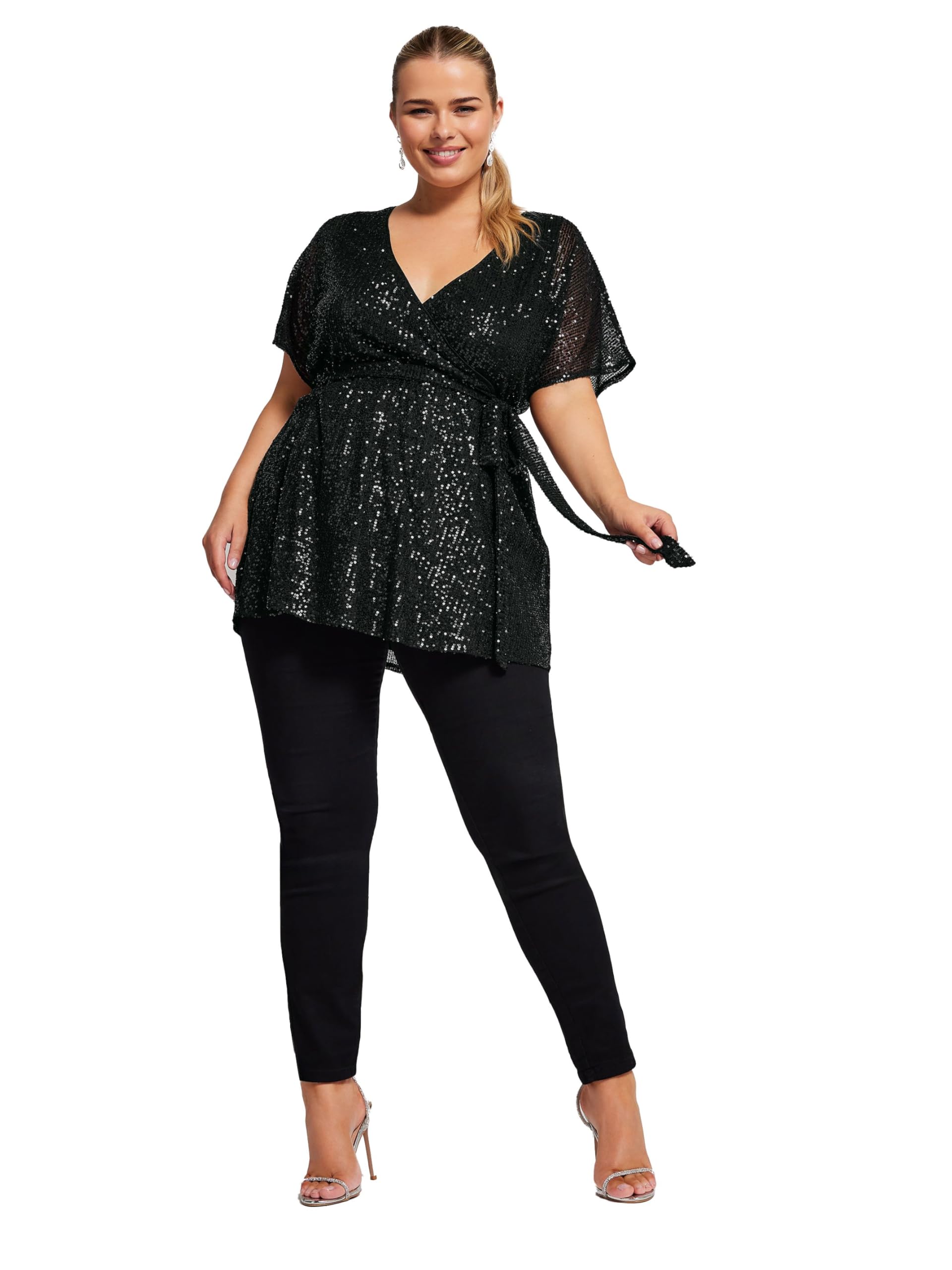 Yours Women's Wrap Sequin Top in Black | Size: 16