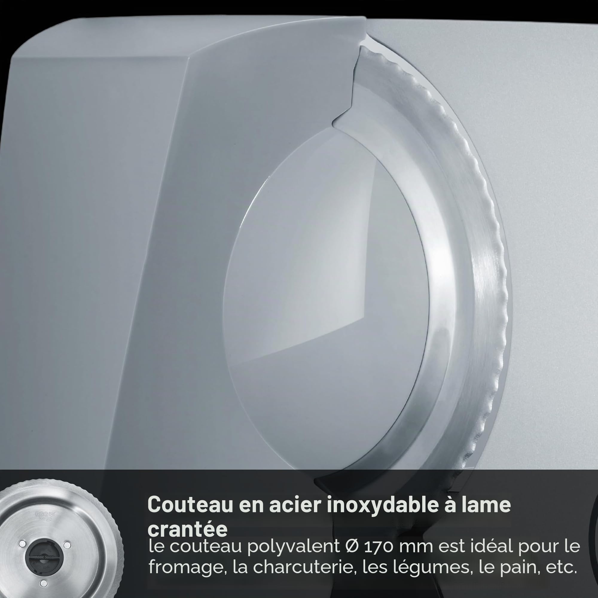 GRAEF G50 - Trancheuse universelle électrique, lame ondulée en acier inoxydable Ø 170 mm, épaisseur de coupe 0-20 mm, sécurité enfants