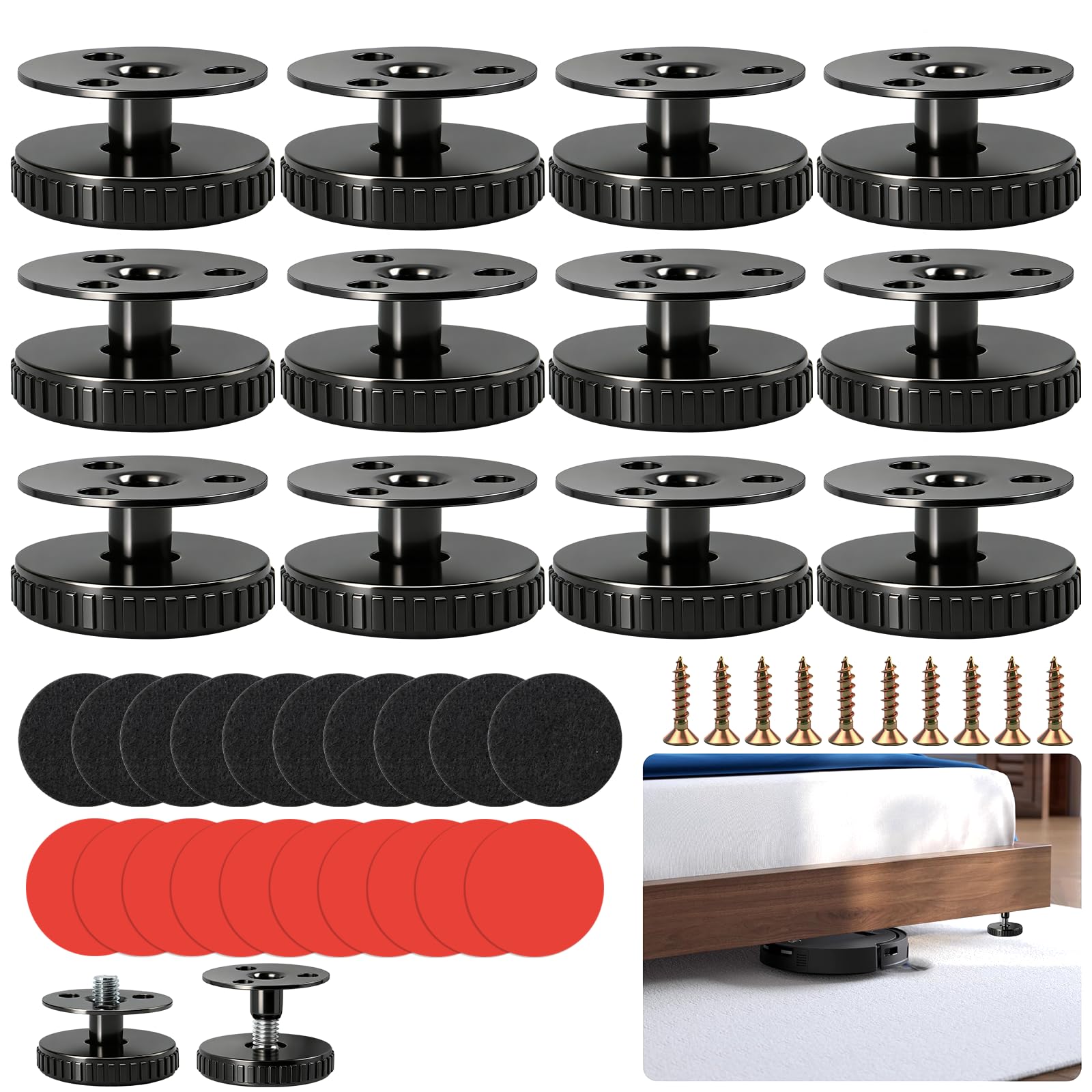 SPOKKI 12 Pcs Adjustable Furniture Feet, 33-40mm Adjustable Feet for Furniture, Screwed or Self-Adhesive Adjustable Furniture Legs, Adjustable Feet for Cabinet, Chair, Table, Sofa(Black)
