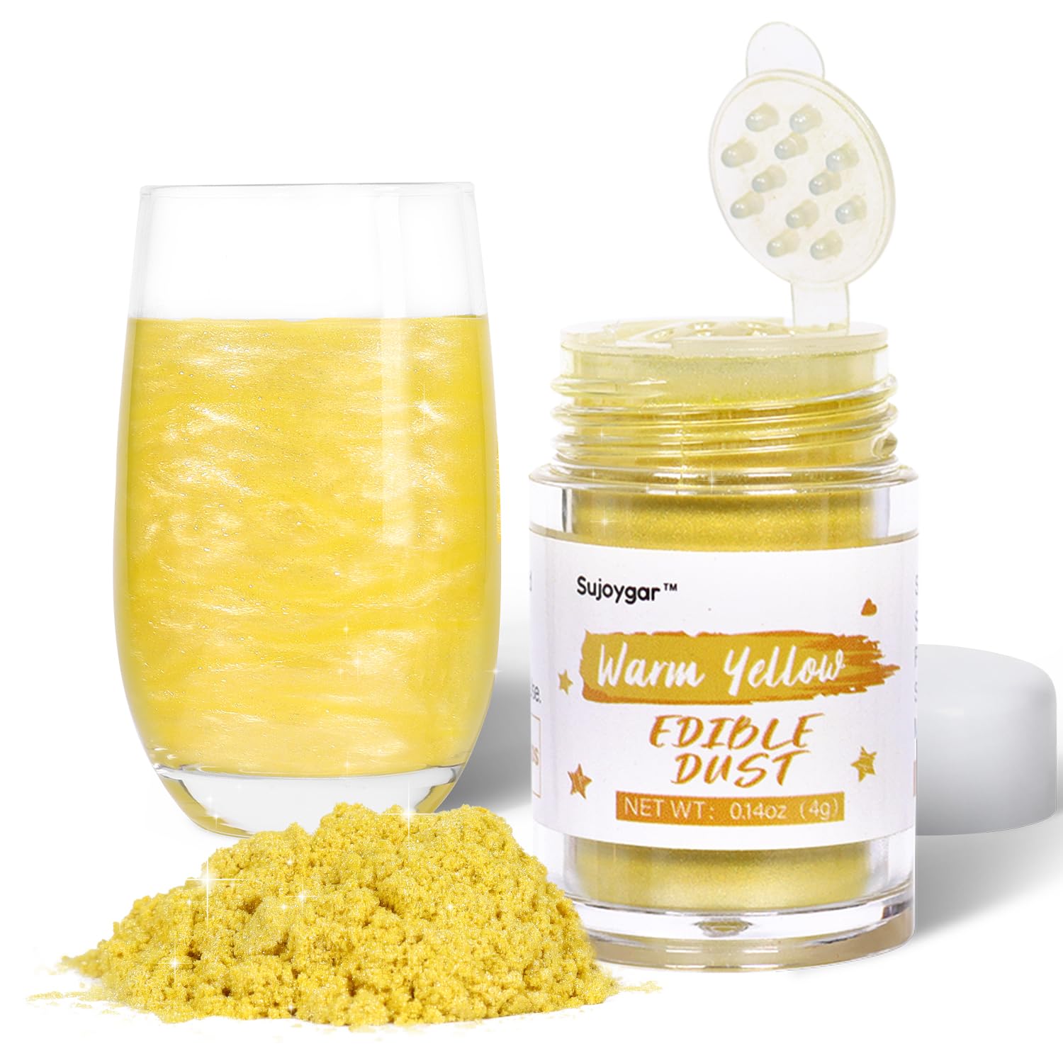 Yellow Edible Glitter for Cocktails, Sujoygar 4g Luster Dust Edible Drink Glitter Shimmer Powder for Cake Decorating Baking Fondant Chocolate Strawberrie Food Garde