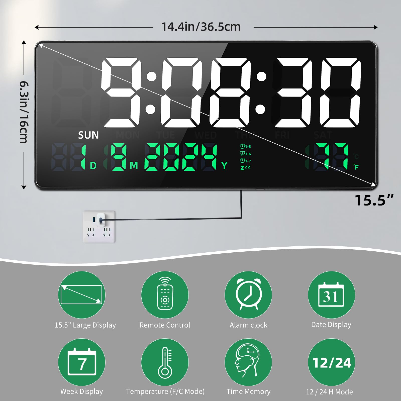 Plumeet Horloge Murale Numérique, Horloge Murale LED 33cm Avec Télécommande, Gros Chiffres, Gradation Automatique, 2 Alarmes, Réveil Digital, Affichage De La Date, Vert