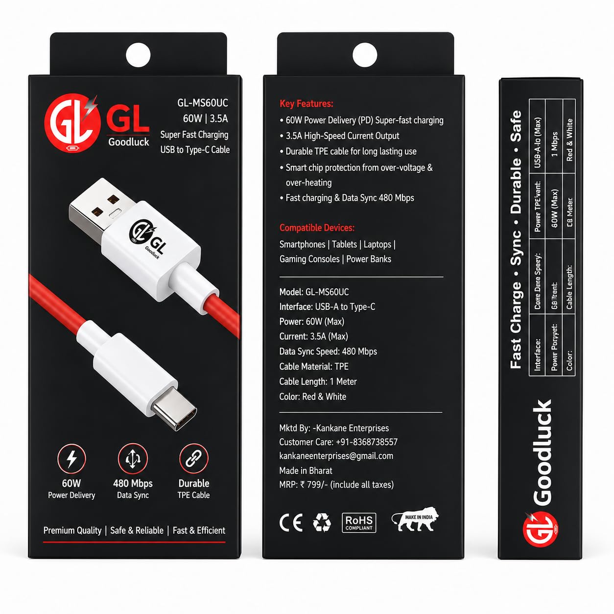 GL-MS60UC 60W USB to Type-C Fast Charging Cable | 3.5A High-Speed Current, 480 Mbps Data Sync, Smart Chip Protection, Durable TPE Cable, 1 Metre Length-image-23