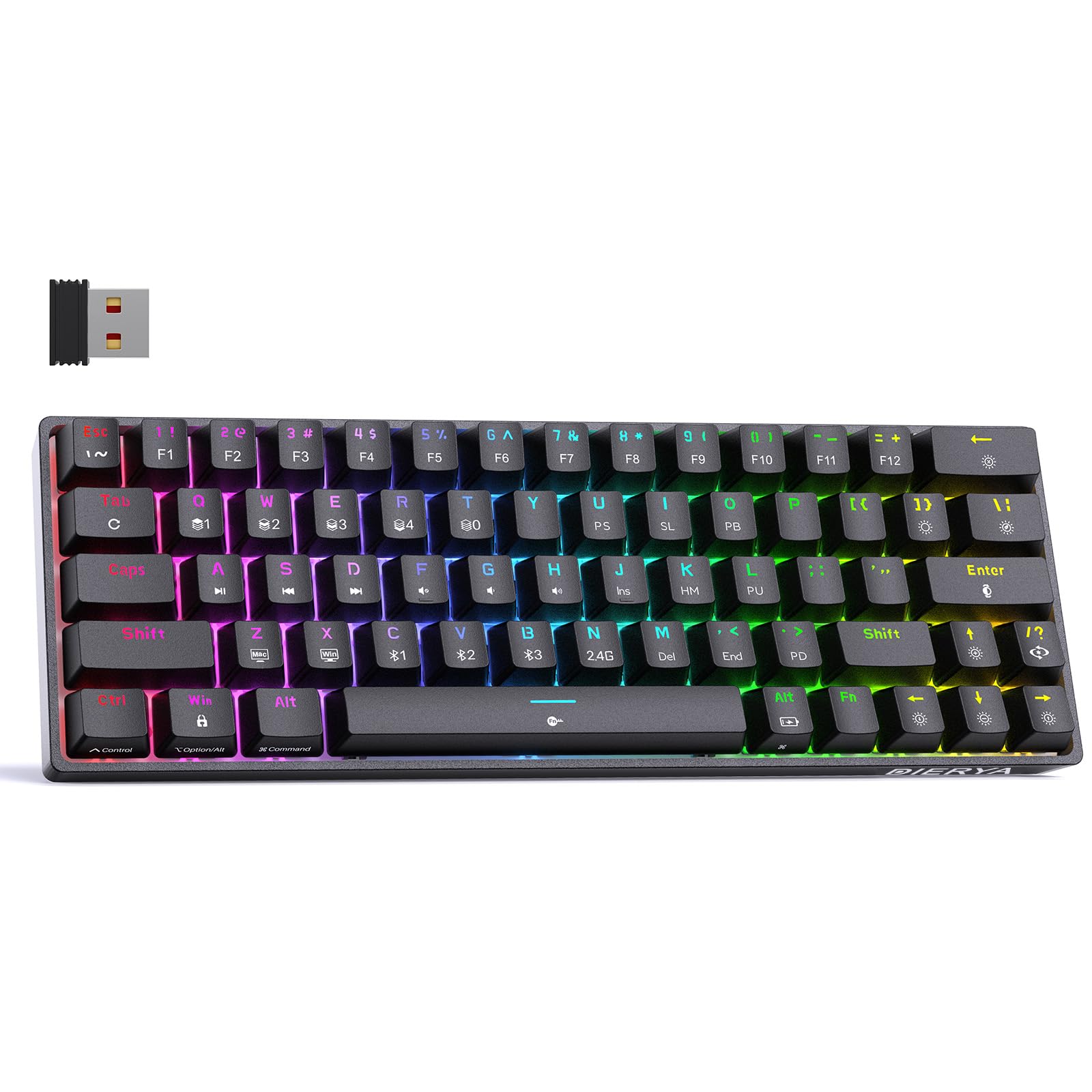 DIERYA DK63 60% Wireless Mechanical Gaming Keyboard | Bluetooth/2.4G/Wired | RGB Backlit | Anti-Ghosting Compact 63-Keys Mini Keyboard | with Blue Switch | for Windows Laptop PC Gamer Typist-Black