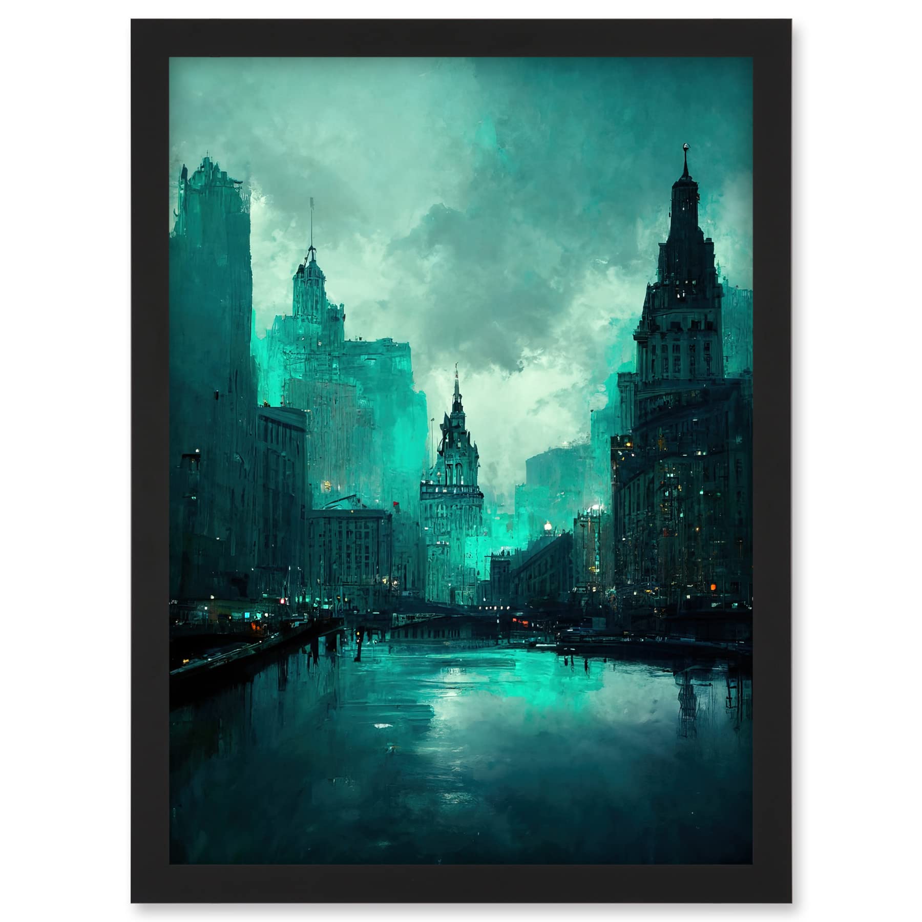 Doppelganger33 LTD Winter Teal New York Hudson River Cityscape Artwork Framed A3 Wall Art Print