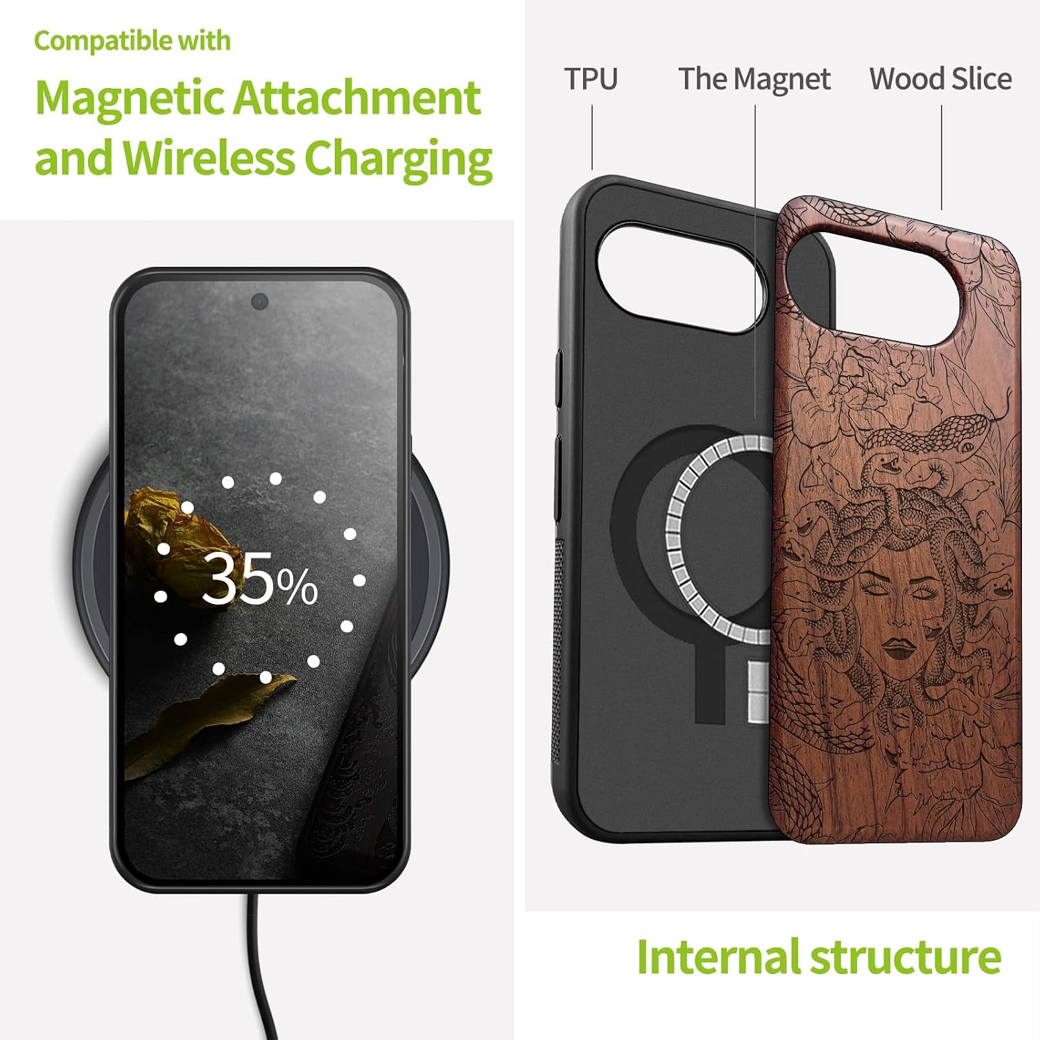 Carveit Magnetic Wooden Case for Google Pixel 10a Case, Wood Artisan Engraved & Soft TPU Shockproof Cover, Compatible with MagSafe Wireless Chargers (Medusa Enigma) Rosy