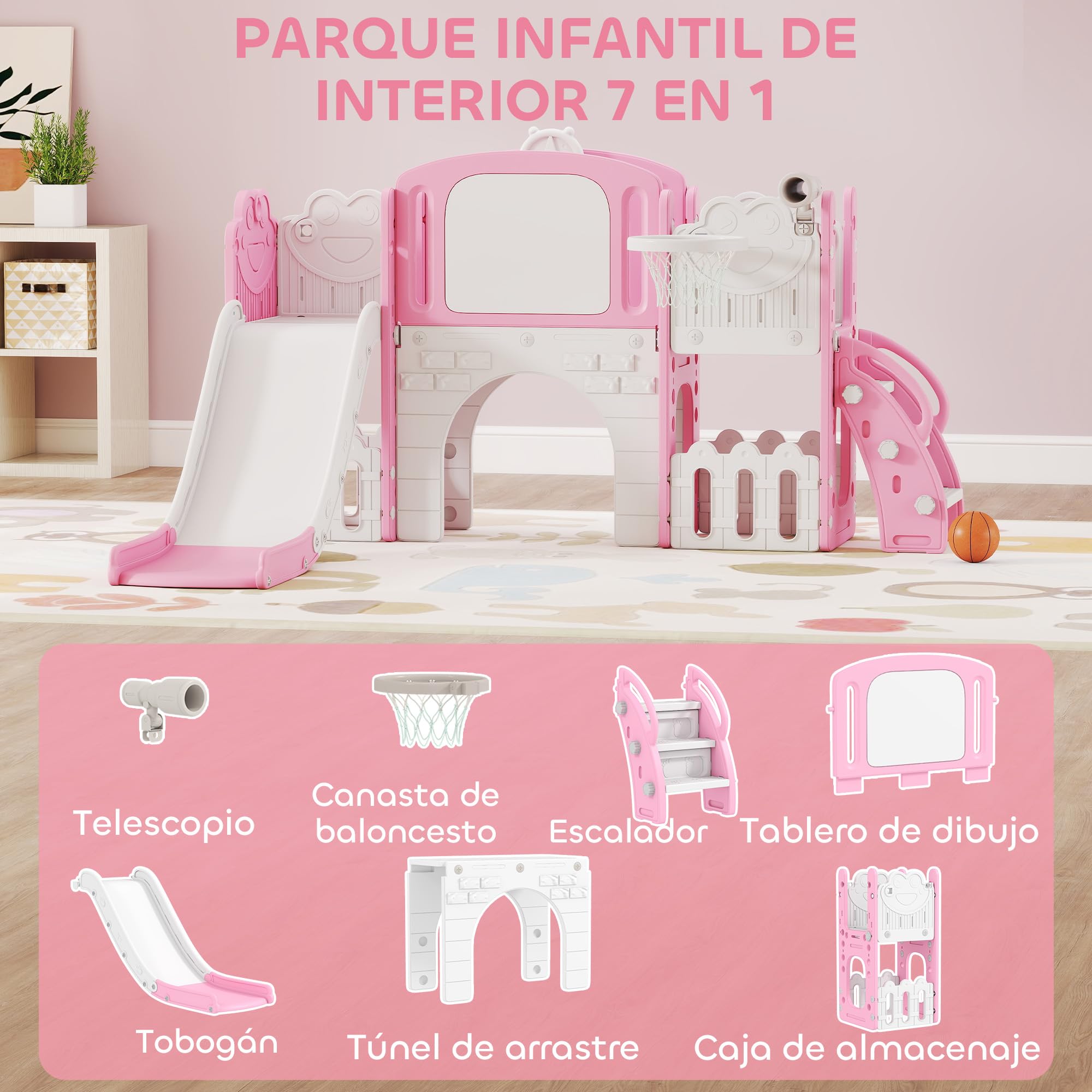 AIYAPLAY Tobogán Infantil 7 en 1, Tobogán para Niños de 1-3 Años, Temática de Rana, con Aro de Baloncesto, Túnel, Pizarra, Telescopio de Juguete, Escalador y Cajas, para Interior y Exterior, Rosa