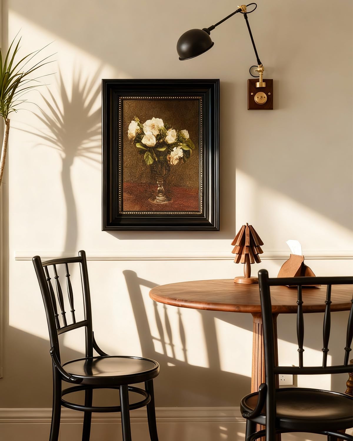 VIYYIEA Vintage Framed Wall Art–16x20In Floral Painting,Elegant Black Frame,White Roses in Glass Vase,Romantic and Classic Still Life Nature Artwork for Living Room&Bedroom,Sandstone Textured Painting