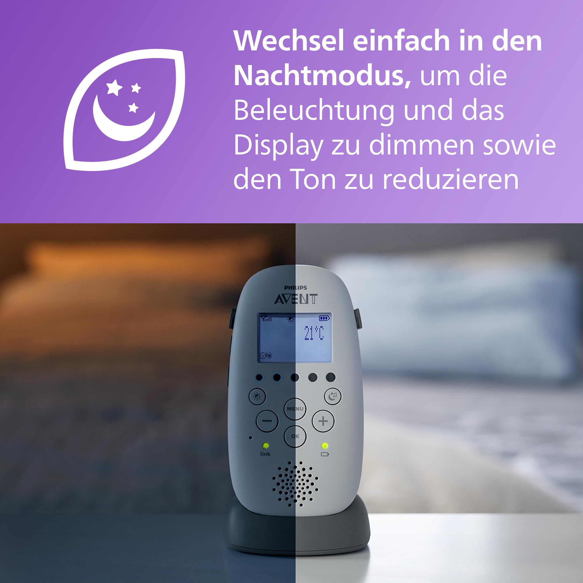 Philips AVENT Audio Babyphone, DECT-Technologie, Eco-Mode, Sternenhimmel, Gegensprechfunktion, Schlaf- und Nachtlieder, 18 Std. Laufzeit, maximale Reichweite, weiß (Modell SCD733/26)
