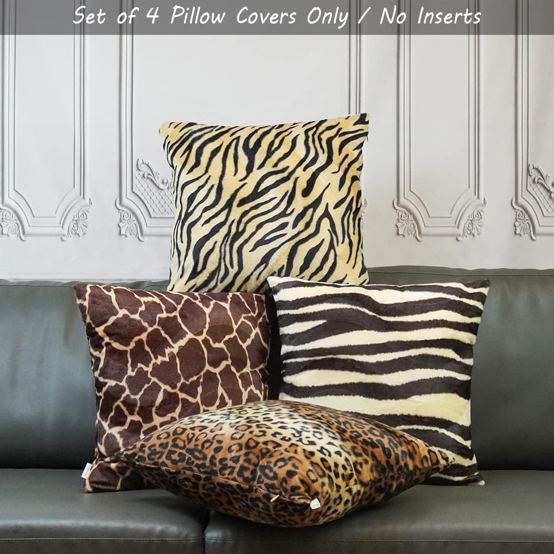 CARRIE HOME Soft Plush Leopard Print Tiger Stripe Faux Fur Pillow Covers for Home Couch Sofa (Set of 4, 18x18 inch)