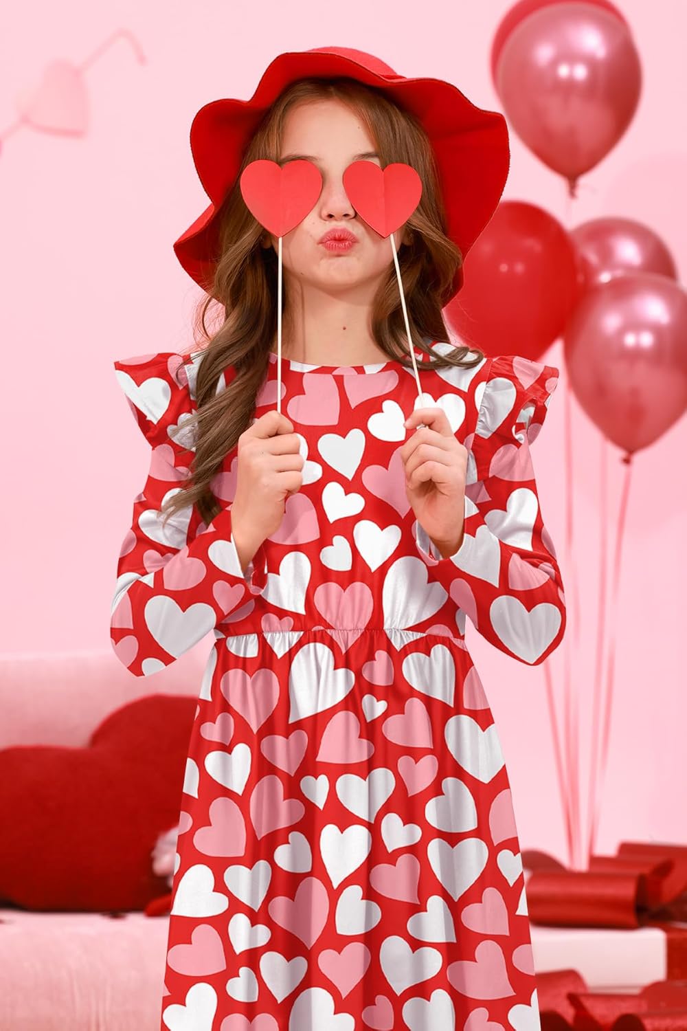 Girls Valentines Day Heart Dress St Patricks Day Ruffle Shoulder Midi Holiday Dresses 4-14 Years - Image 2