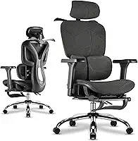 Cadeira de Escritório Ergonômica Preta com Rede Mesh - Apoio Lombar, Headrest e Braços 3D Ajustáveis, Descanso para Pernas e Rodas Silenciosas - Para Longas Jornadas no Trabalho e Jogos (150kg)